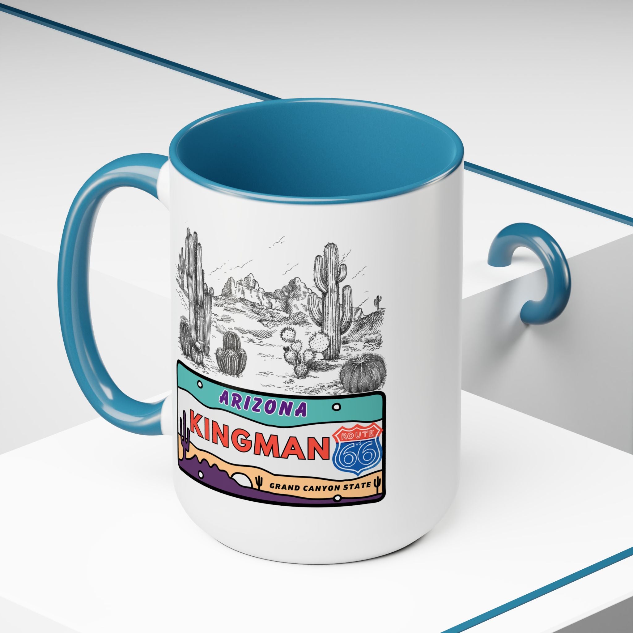 Kingman Arizona Route 66 Two-Tone Coffee Mugs, 15oz