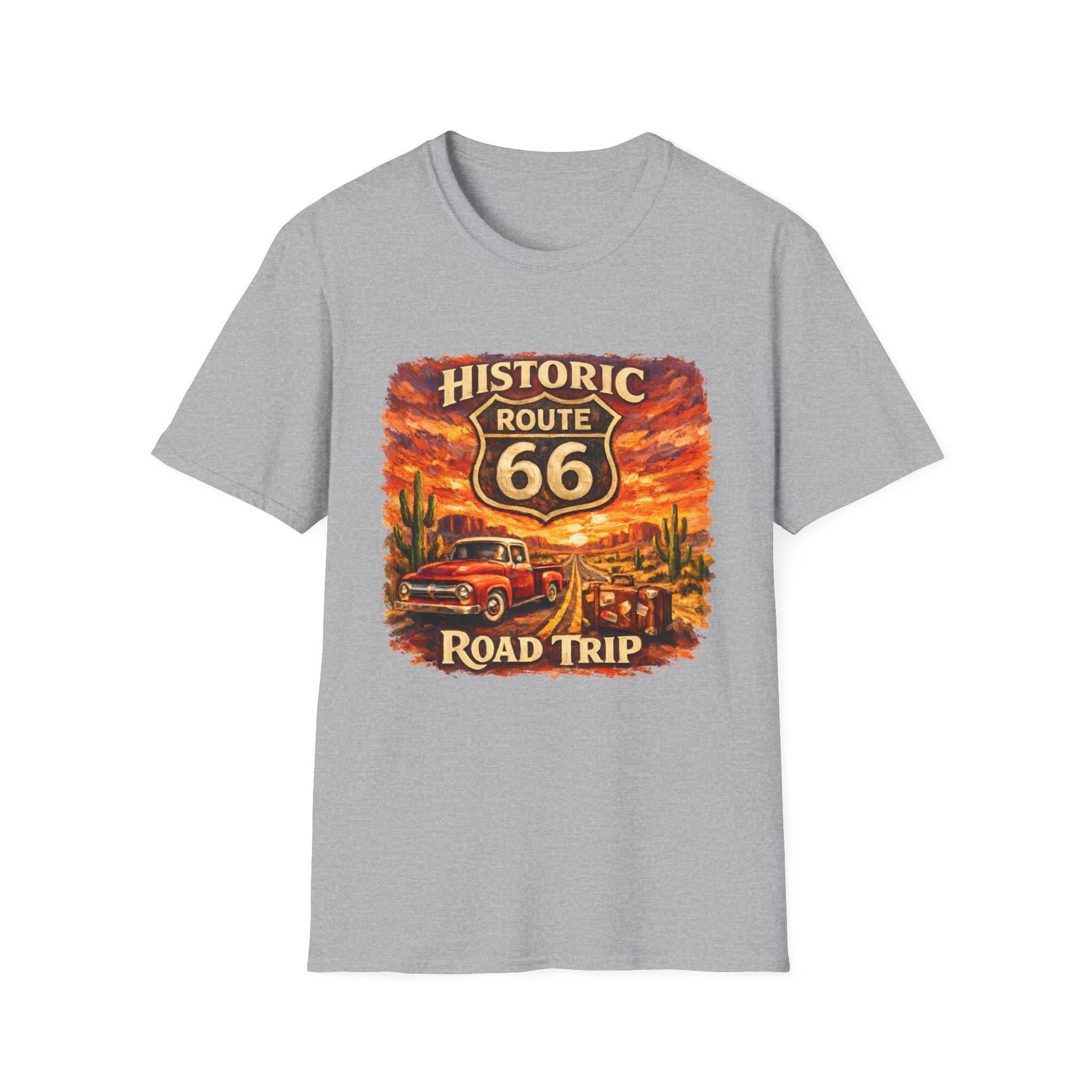 Historic Route 66 Road Trip T-Shirt | Vintage Car Desert Sunset