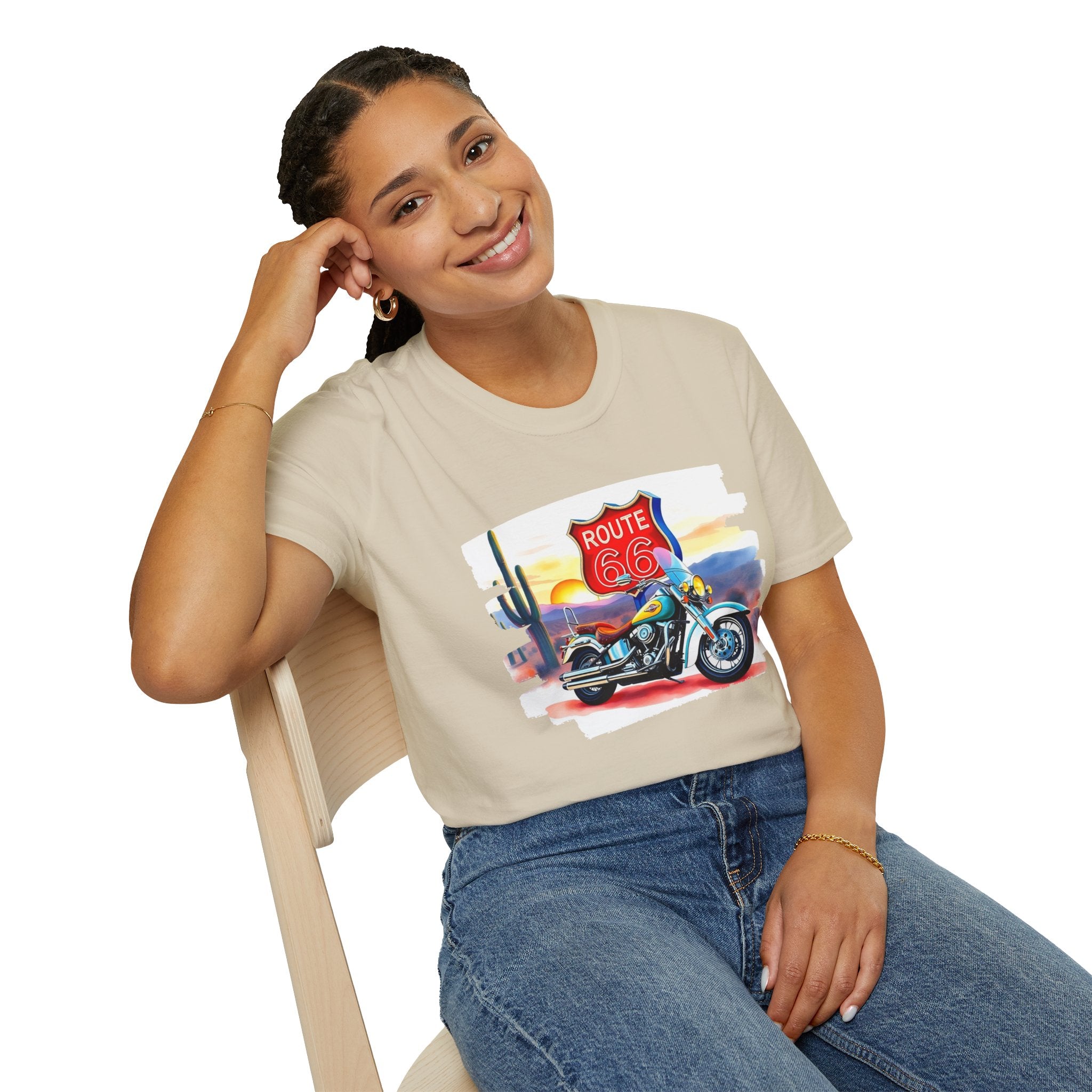 Route 66 Motorcycle T-Shirt | Desert Sunset Biker Graphic
