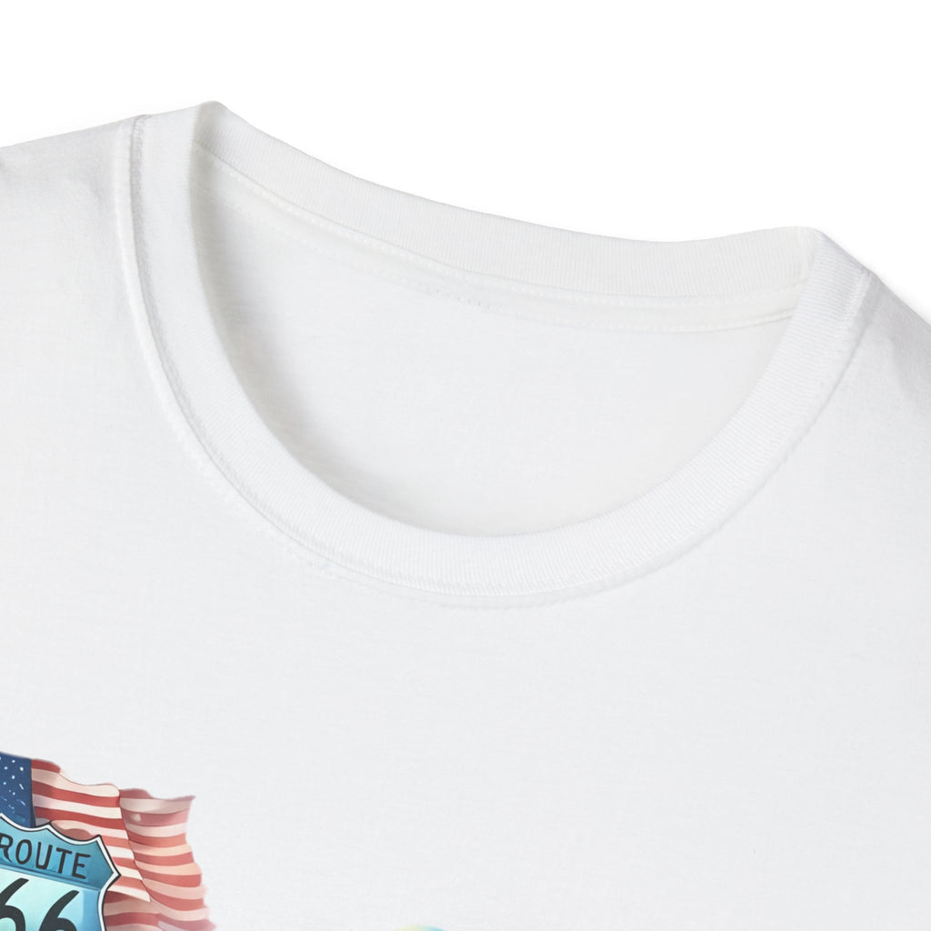 Route 66 Motorcycle Illustration T-Shirt | American Flag, Sunflowers