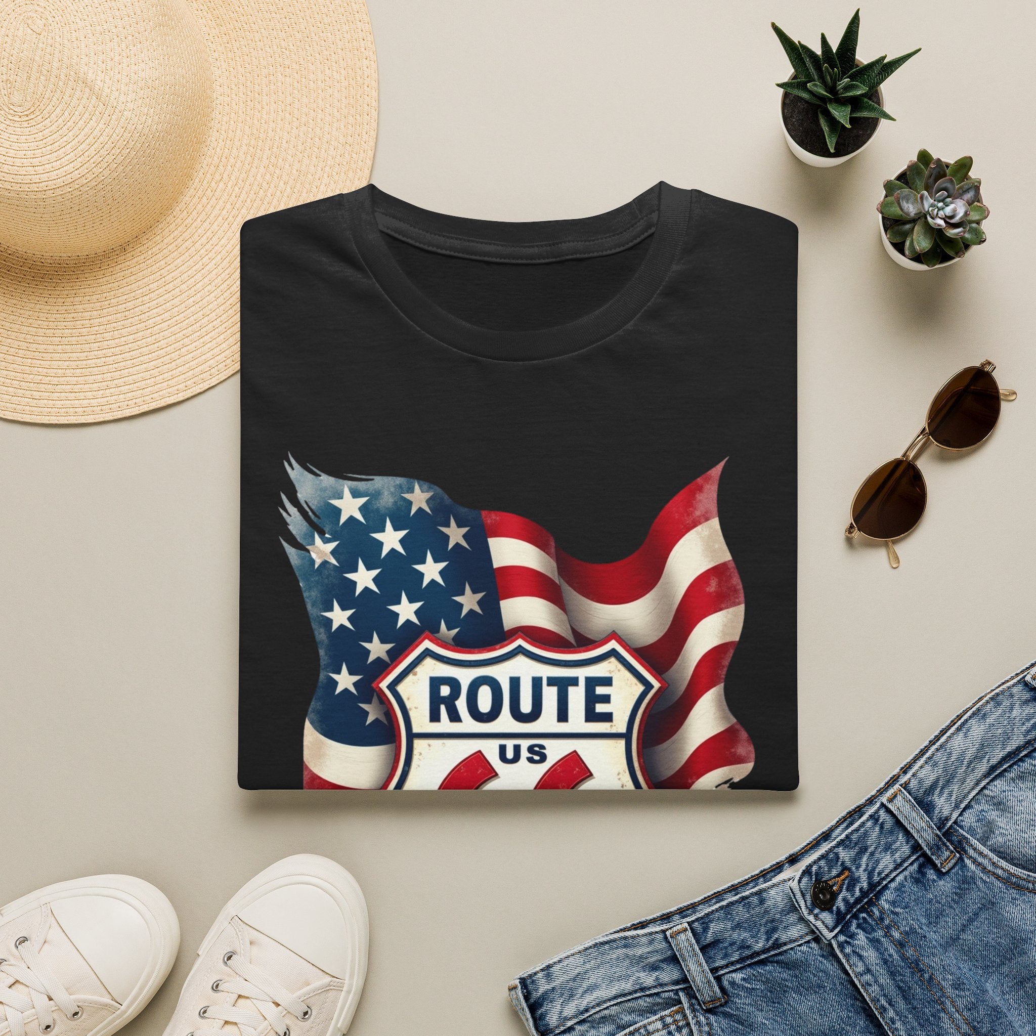 Route 66 Shield with American Flag T-Shirt | Vintage Road Trip Tee
