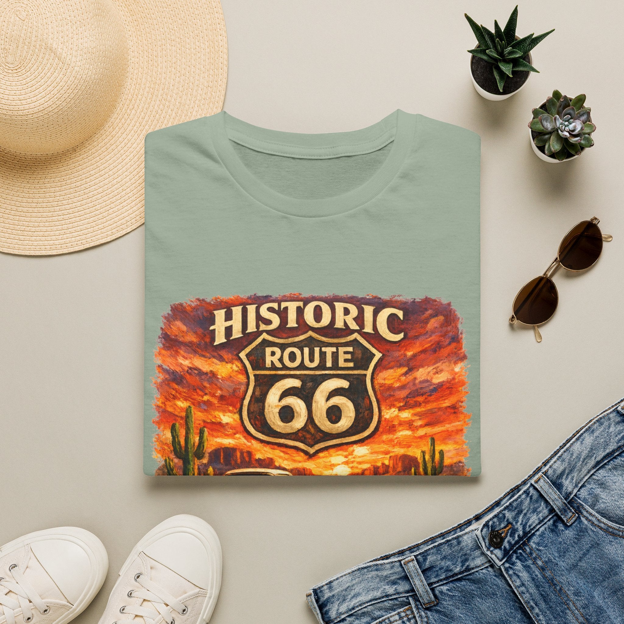 Historic Route 66 Road Trip T-Shirt | Vintage Car Desert Sunset