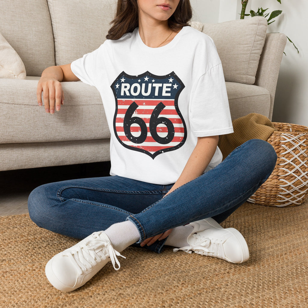 Route 66 Shield T-Shirt | American Flag Vintage Road Sign