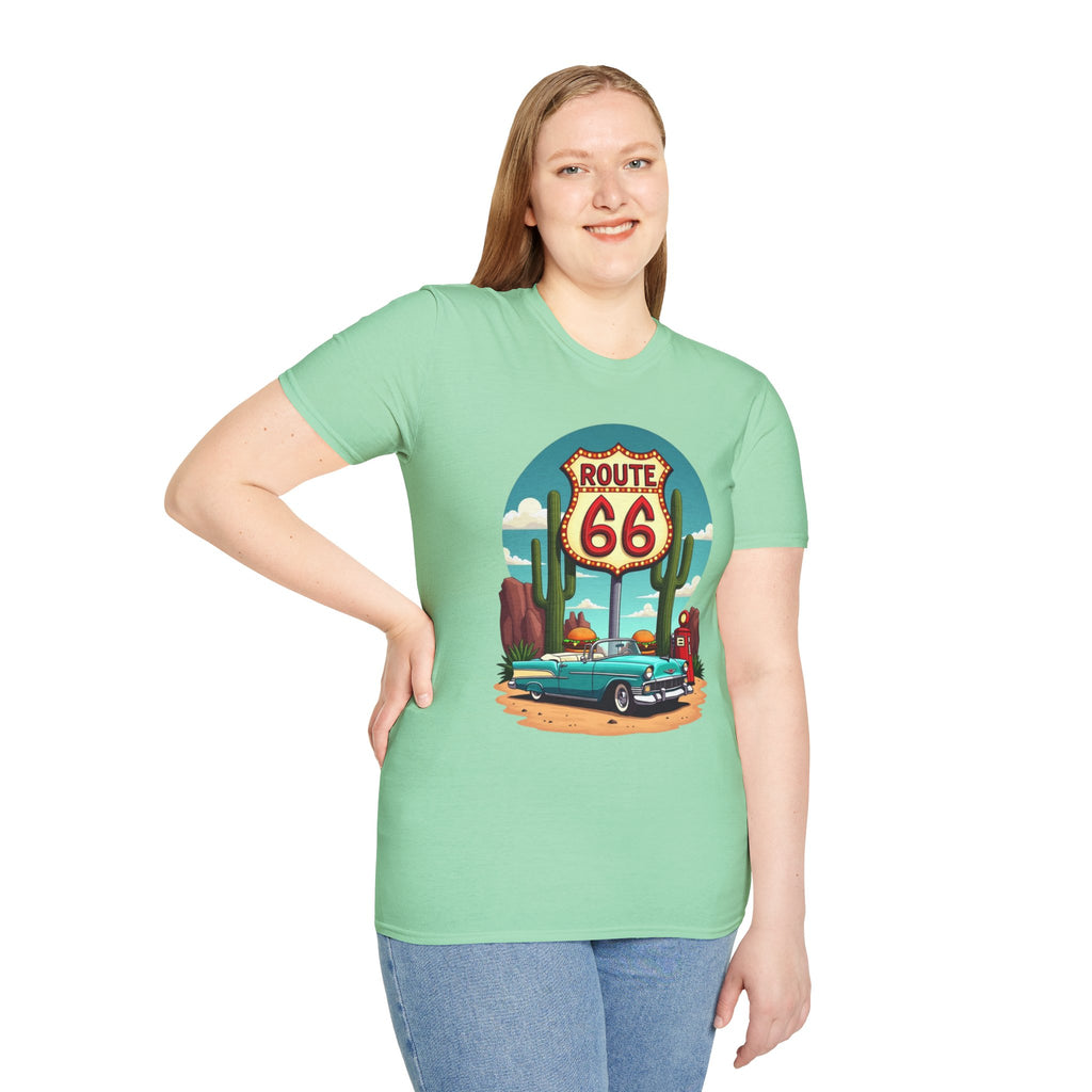 Route 66 Classic Car T-Shirt | Retro Desert Road Sign, Vintage Convertible