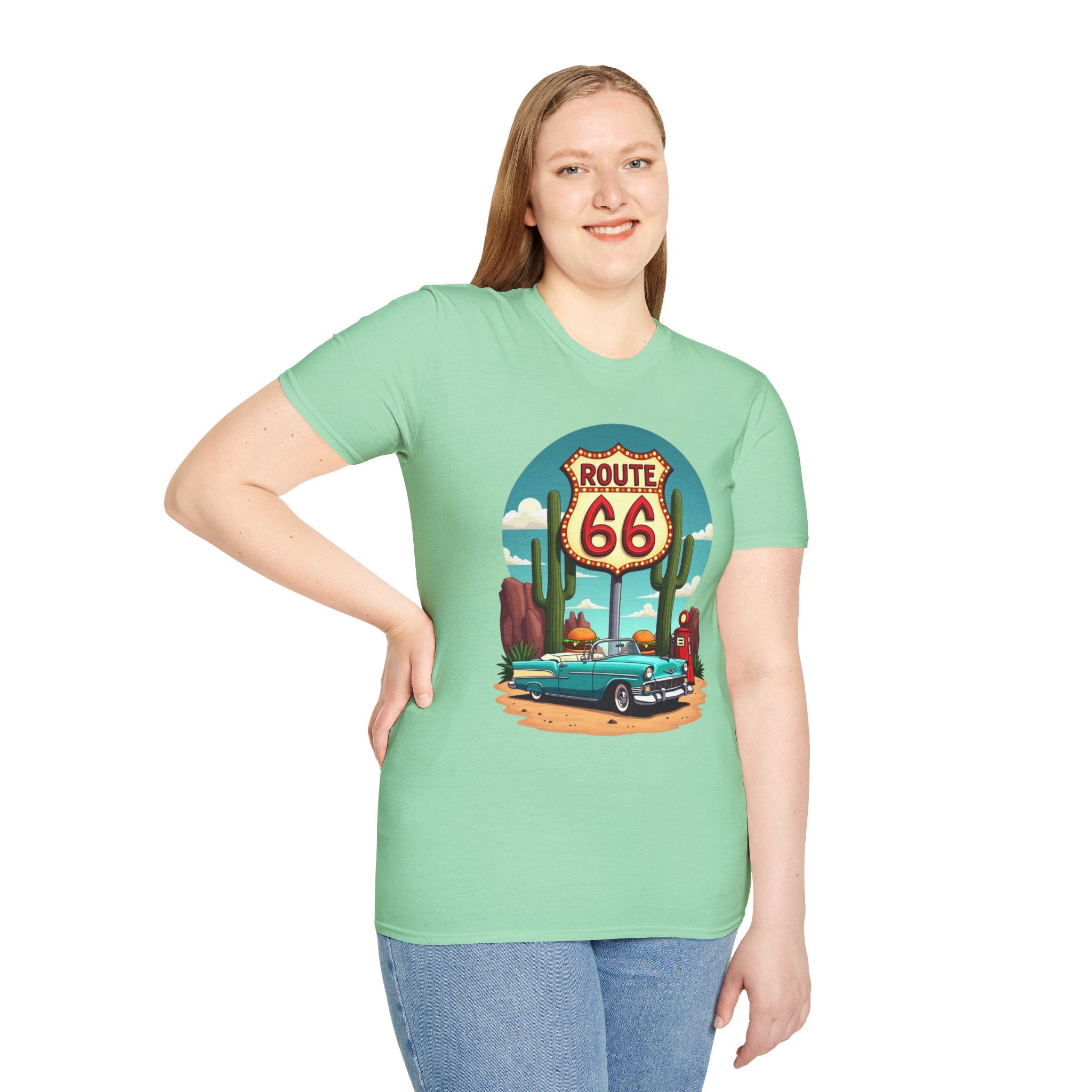 Route 66 Classic Car T-Shirt | Retro Desert Road Sign, Vintage Convertible