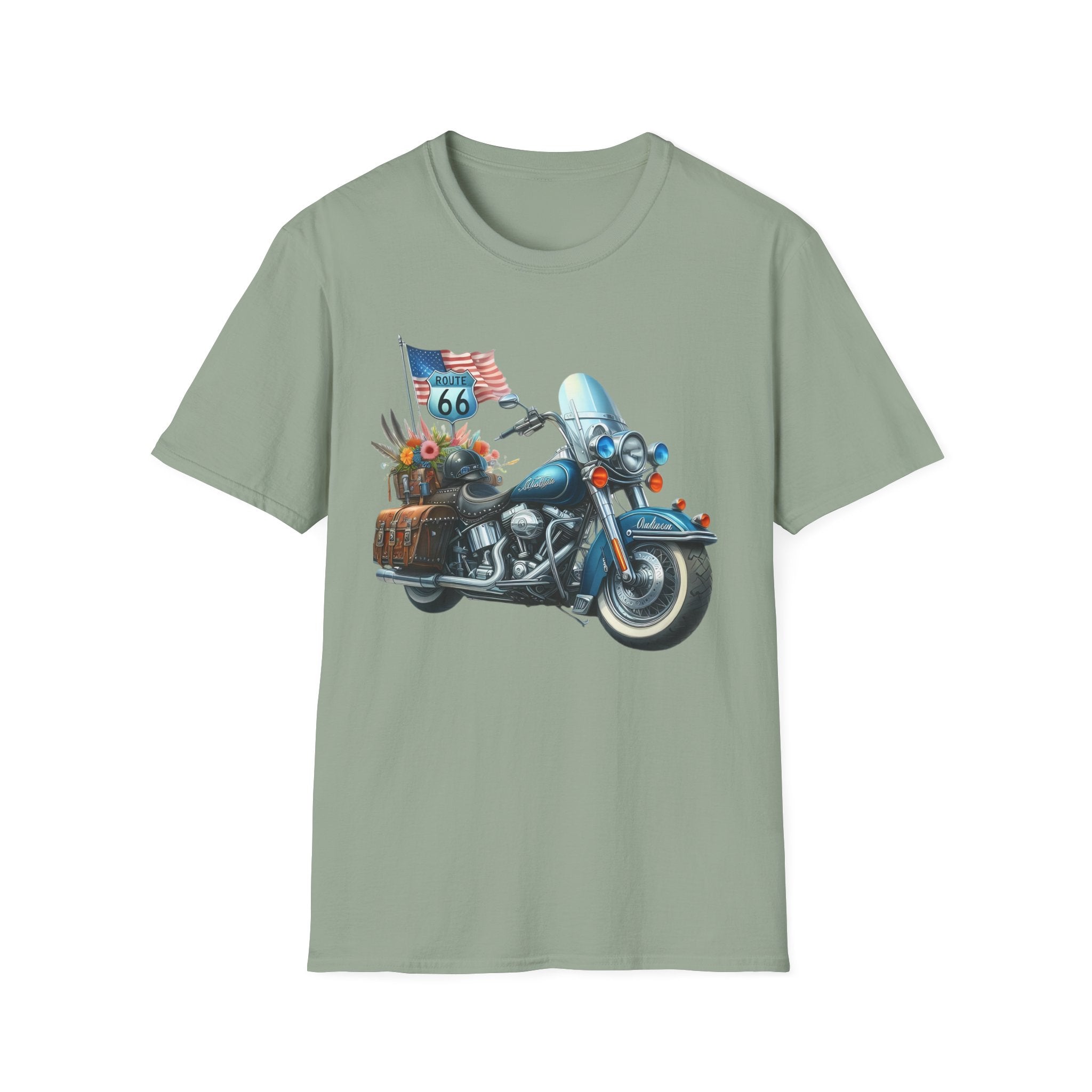 Route 66 Motorcycle Illustration T-Shirt | American Flag, Sunflowers