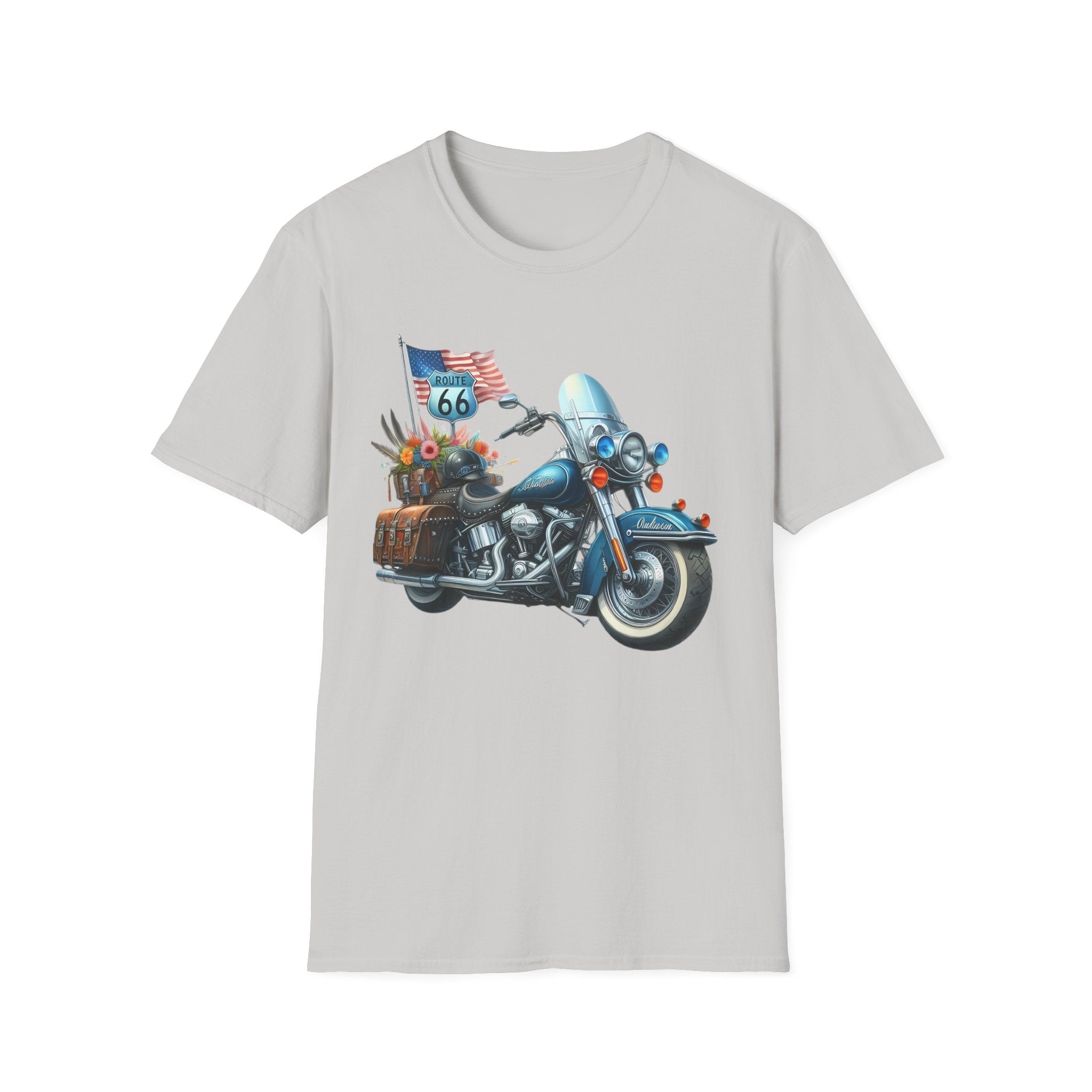 Route 66 Motorcycle Illustration T-Shirt | American Flag, Sunflowers