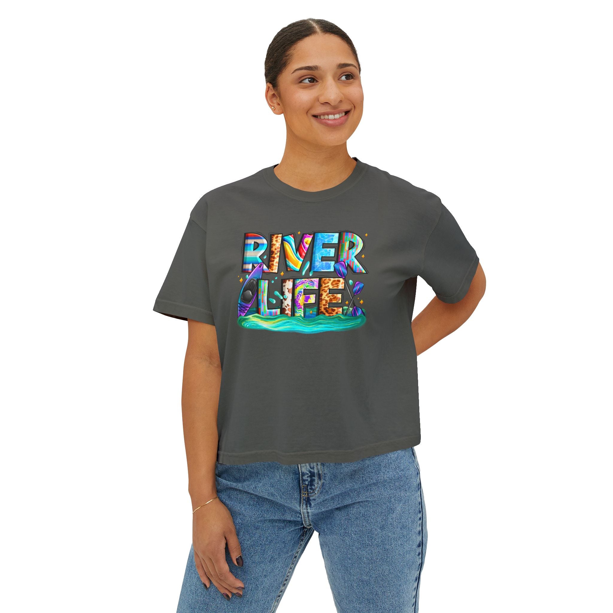 River Life boxy tee | colorful river lettering, kayak, fishing graphics