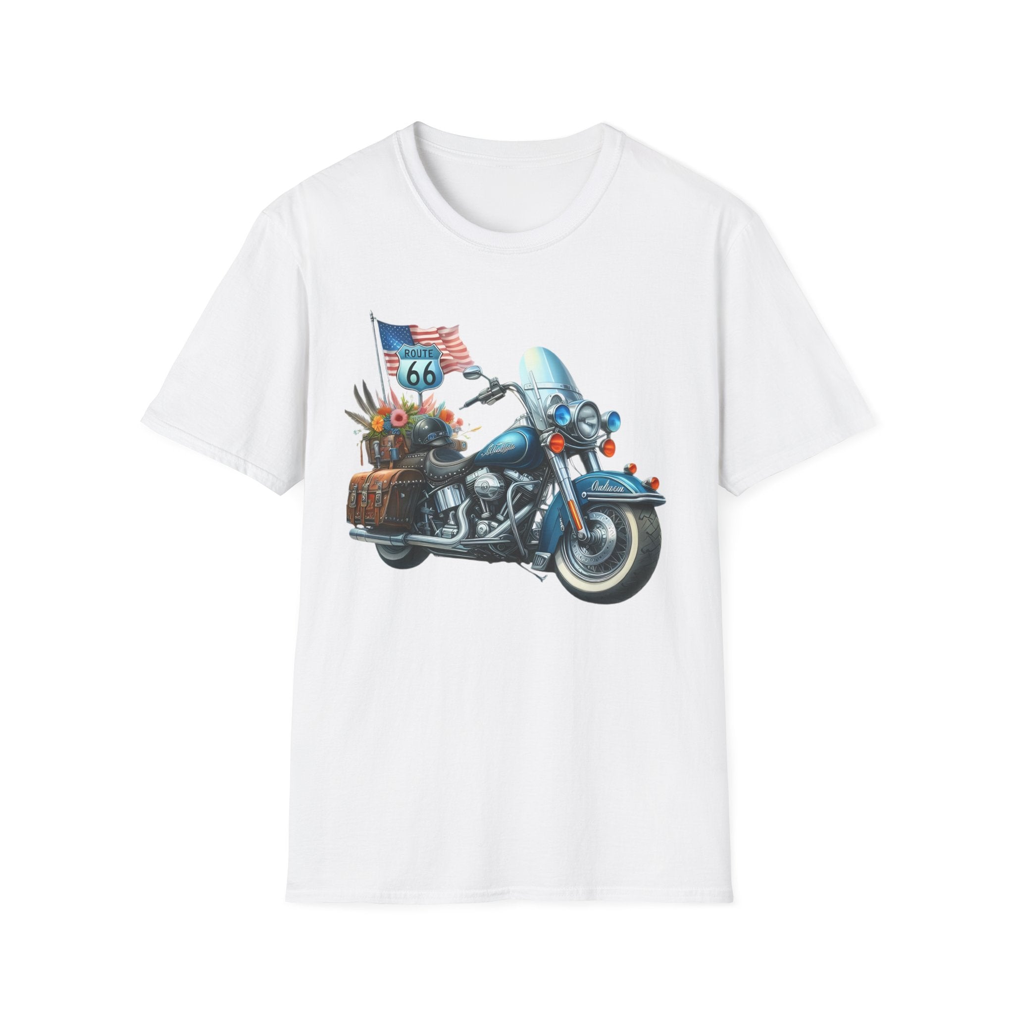 Route 66 Motorcycle Illustration T-Shirt | American Flag, Sunflowers