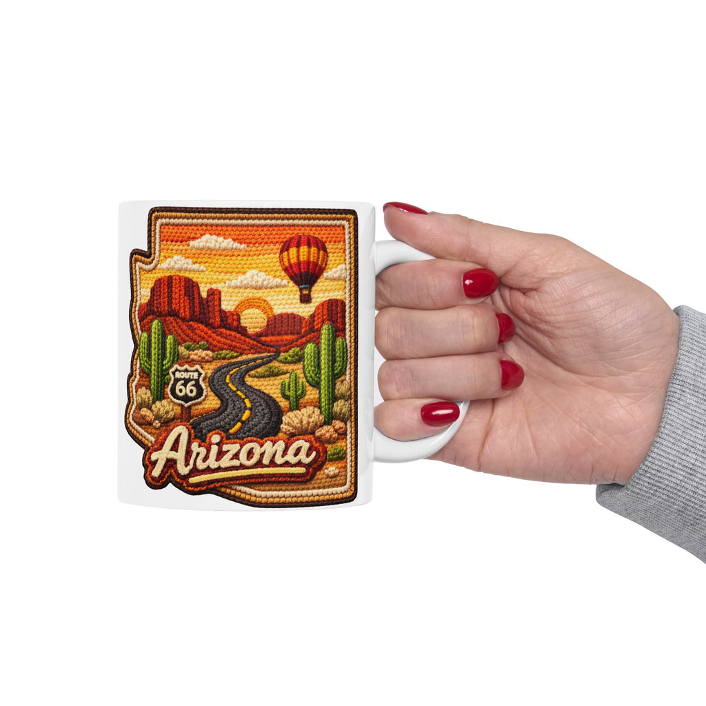 Arizona Desert Patch Mug | Hot Air Balloon, Cactus, Sunset Scene