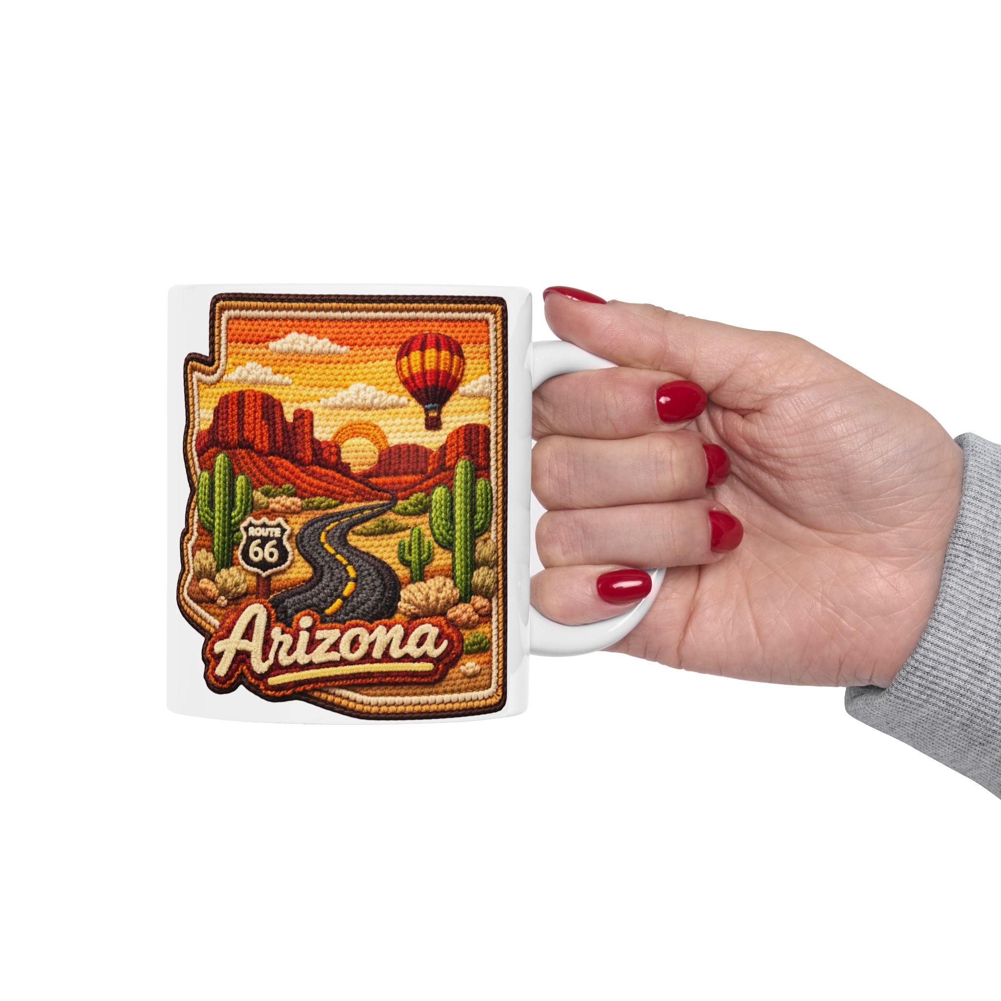 Arizona Desert Patch Mug | Hot Air Balloon, Cactus, Sunset Scene