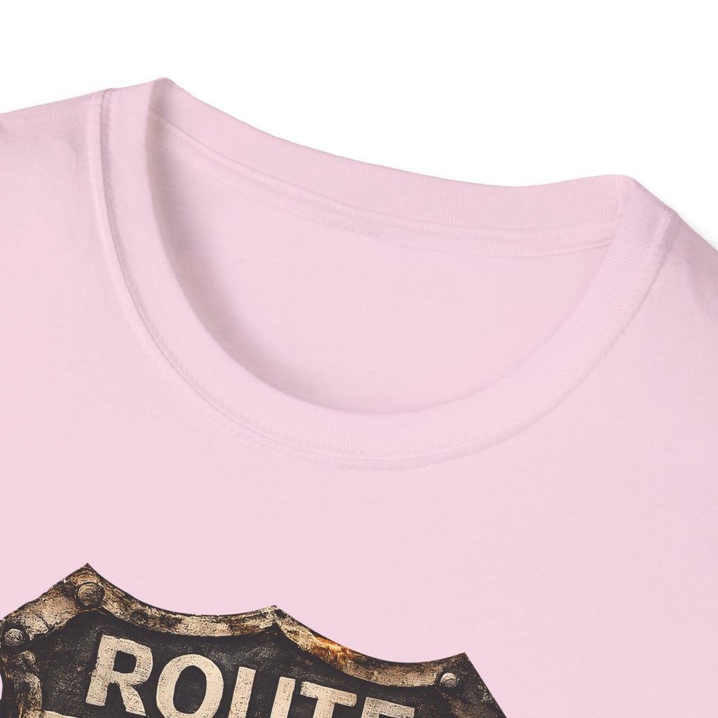 Route 66 Skull Badge T-Shirt | Ride the Legend, Winged Helmet Motorcycle Design