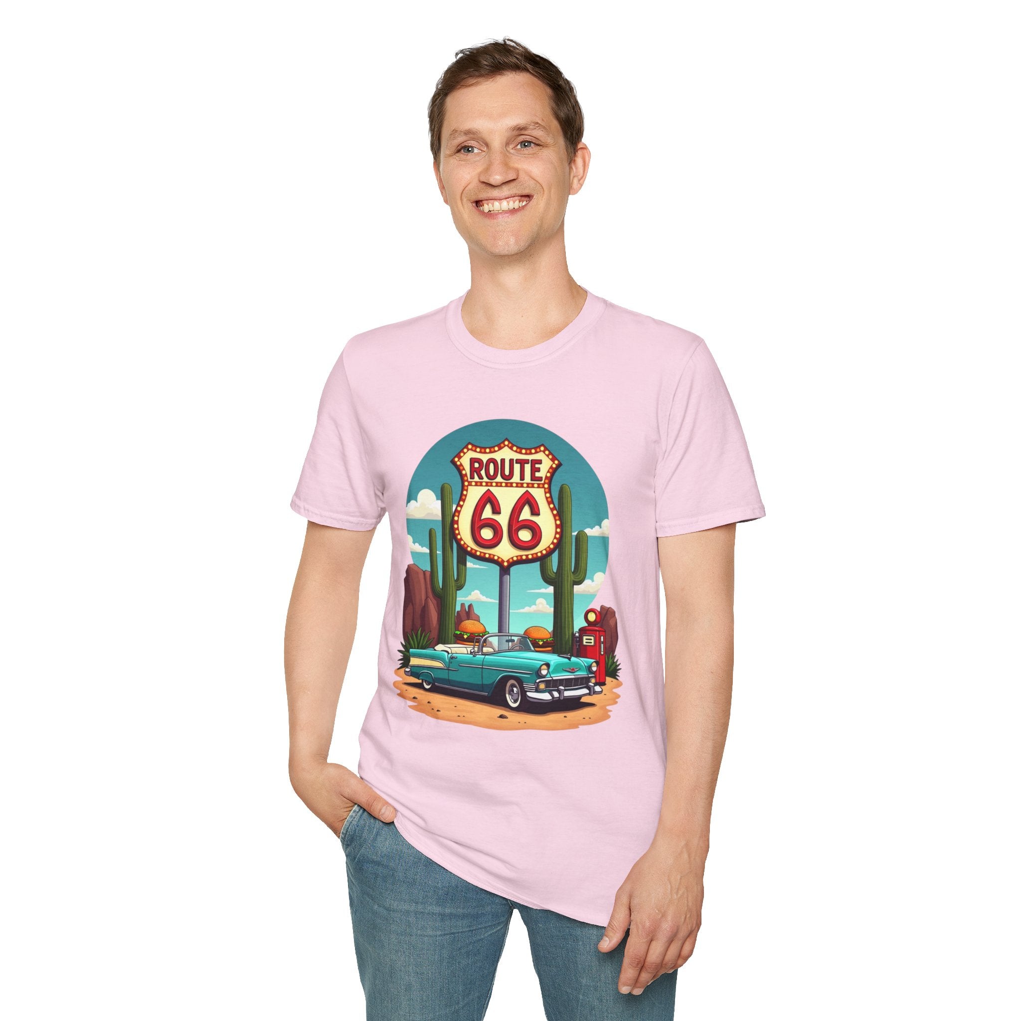 Route 66 Classic Car T-Shirt | Retro Desert Road Sign, Vintage Convertible
