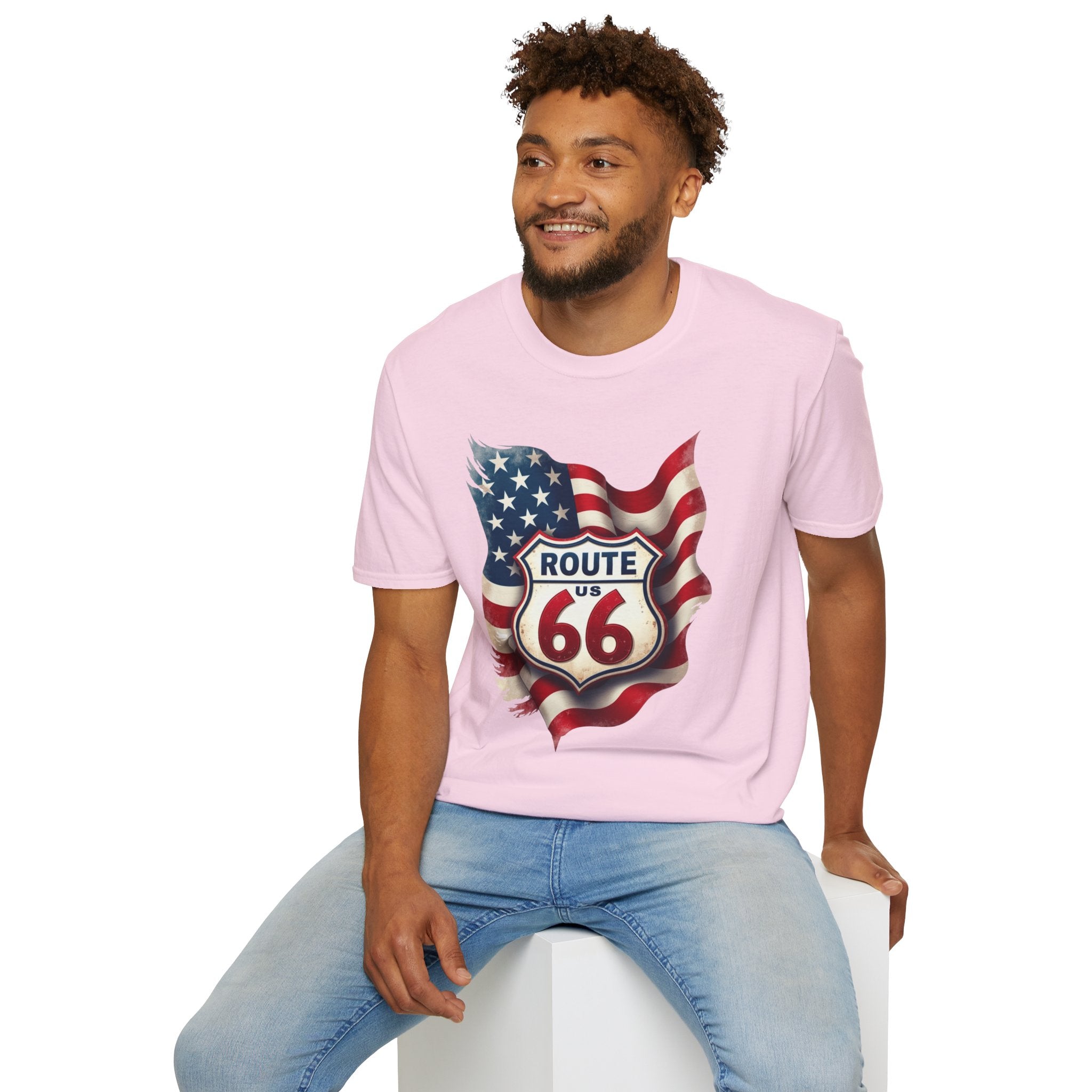 Route 66 Shield with American Flag T-Shirt | Vintage Road Trip Tee