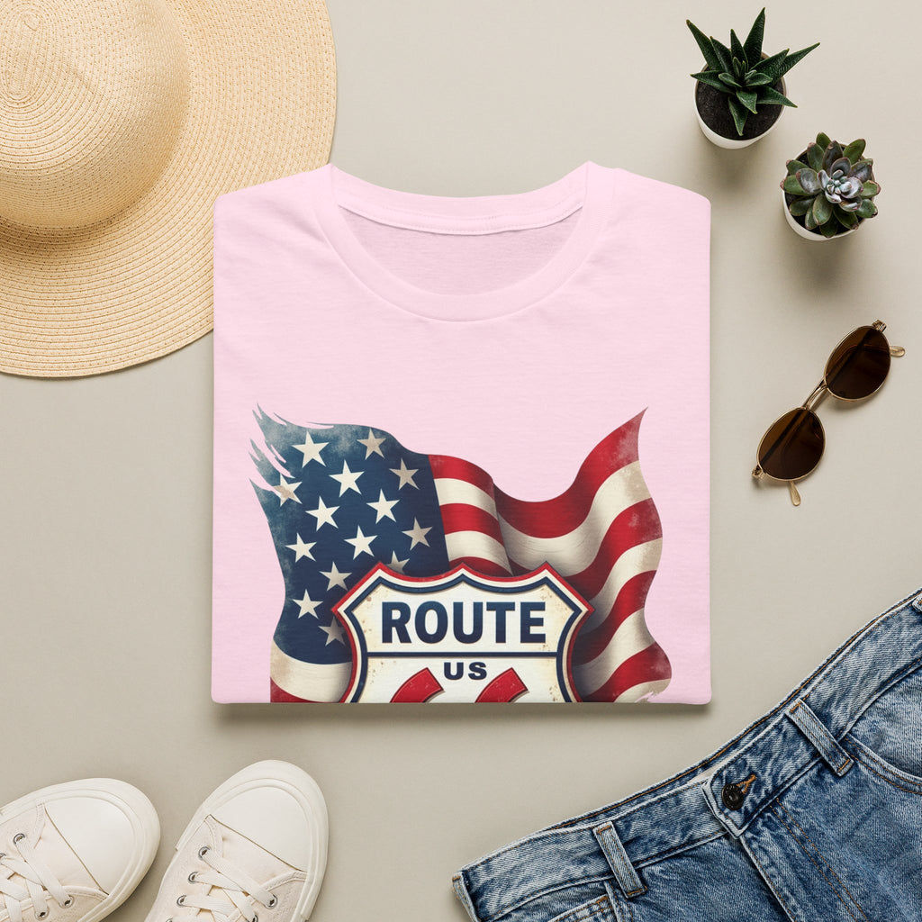 Route 66 Shield with American Flag T-Shirt | Vintage Road Trip Tee