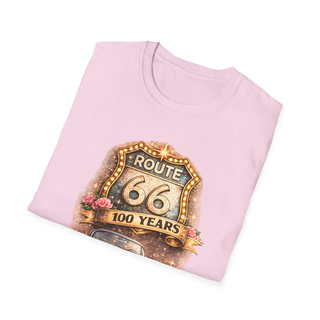 Route 66 100 Years Pink Classic Car T-Shirt | Vintage Road Trip Tee