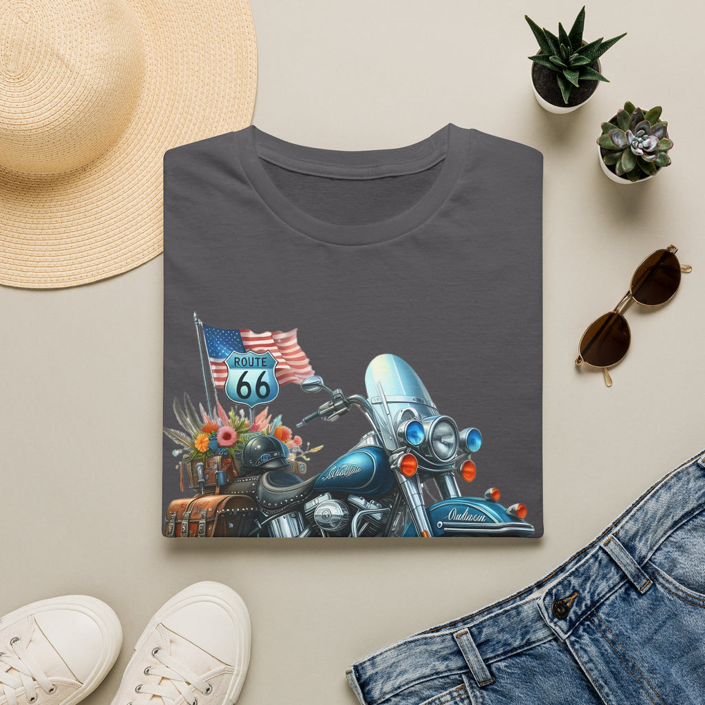Route 66 Motorcycle Illustration T-Shirt | American Flag, Sunflowers