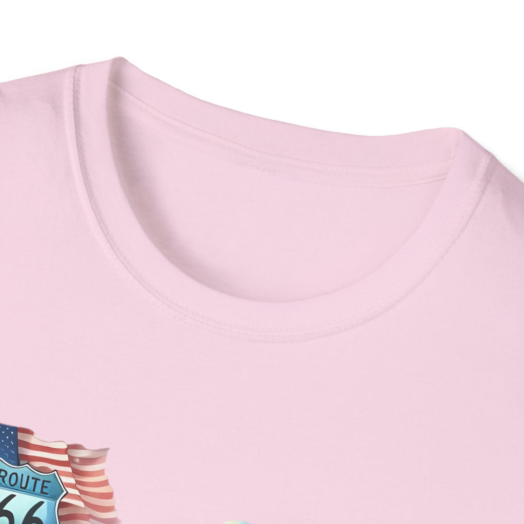 Route 66 Motorcycle Illustration T-Shirt | American Flag, Sunflowers