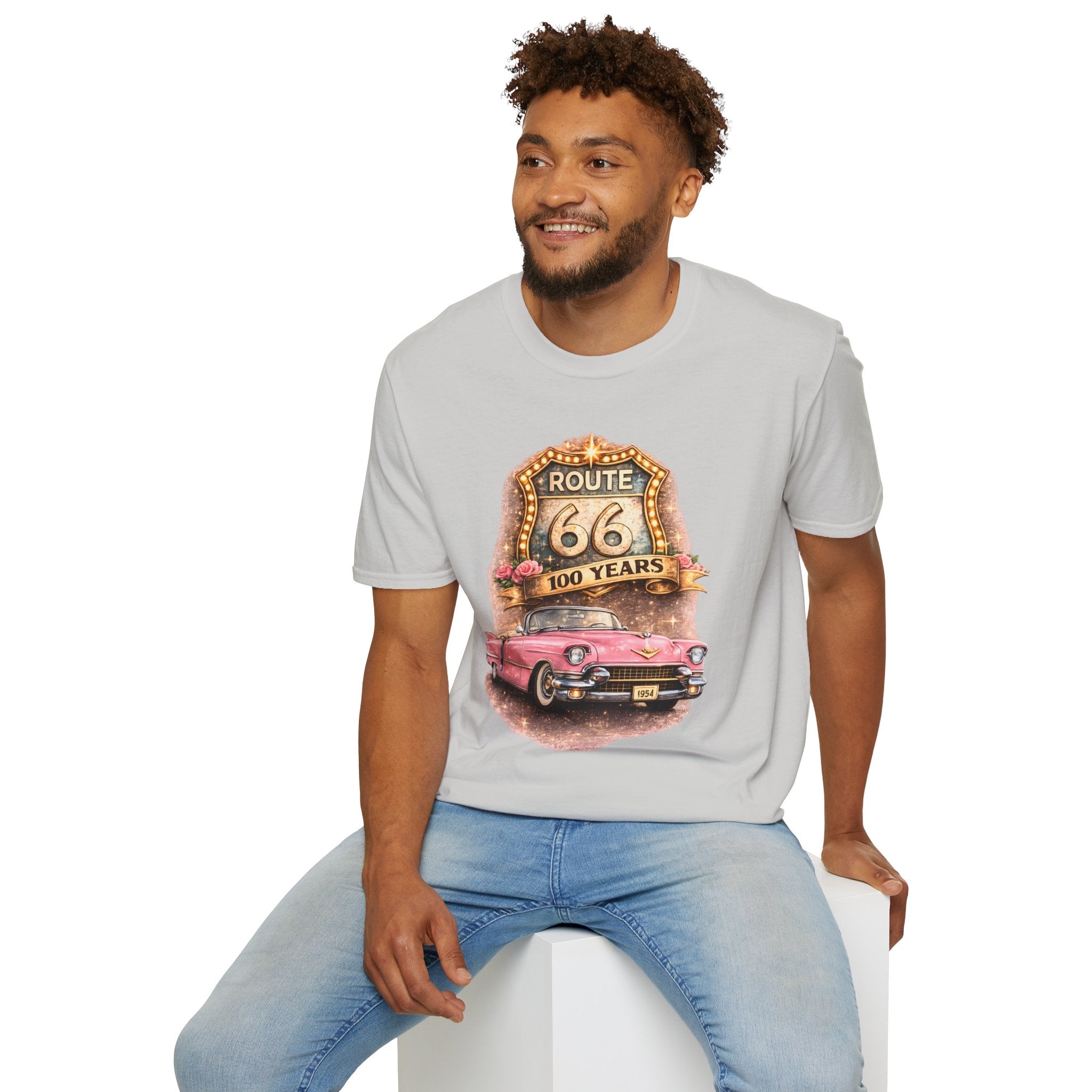 Route 66 100 Years Pink Classic Car T-Shirt | Vintage Road Trip Tee