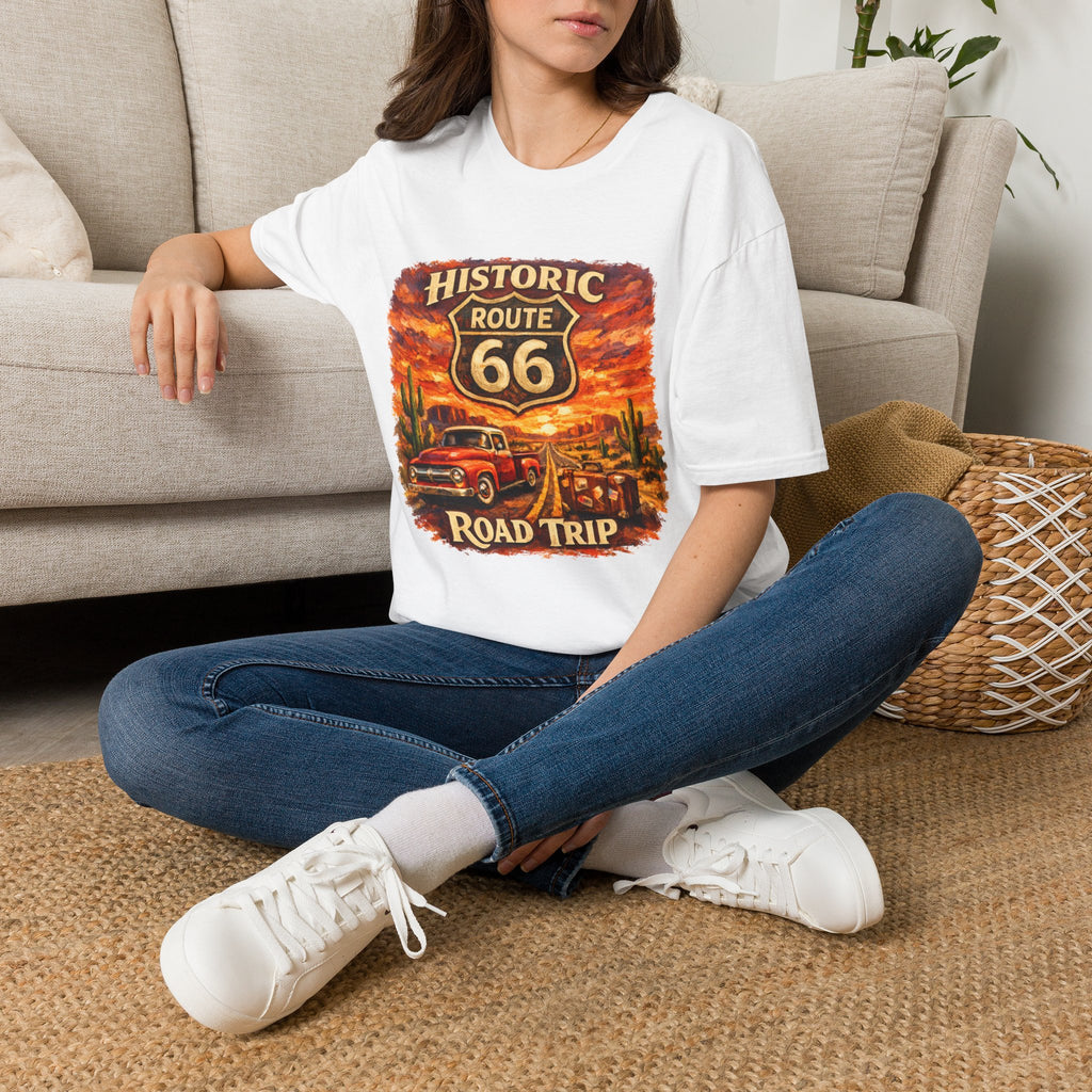 Historic Route 66 Road Trip T-Shirt | Vintage Car Desert Sunset