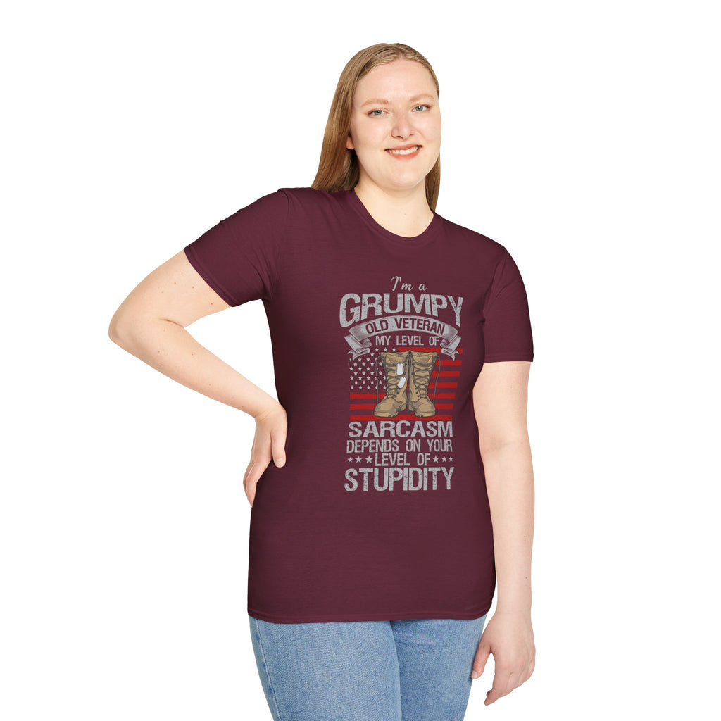 Grumpy Old Veteran Boots, T-Shirt | American Flag, Sarcasm Depends on Stupidity