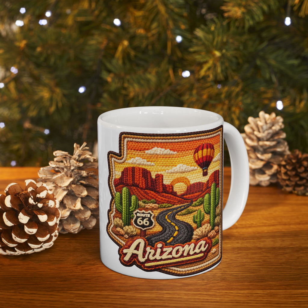 Arizona Desert Patch Mug | Hot Air Balloon, Cactus, Sunset Scene