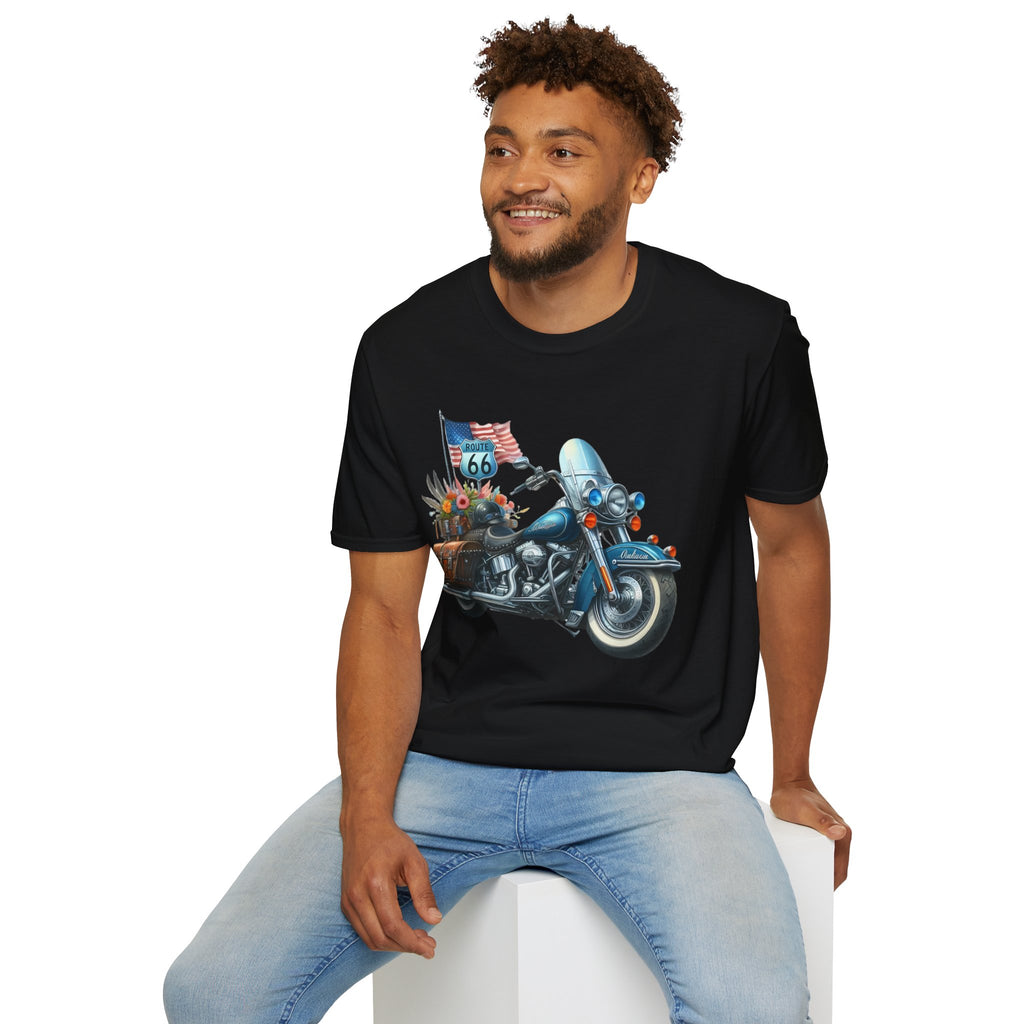 Route 66 Motorcycle Illustration T-Shirt | American Flag, Sunflowers