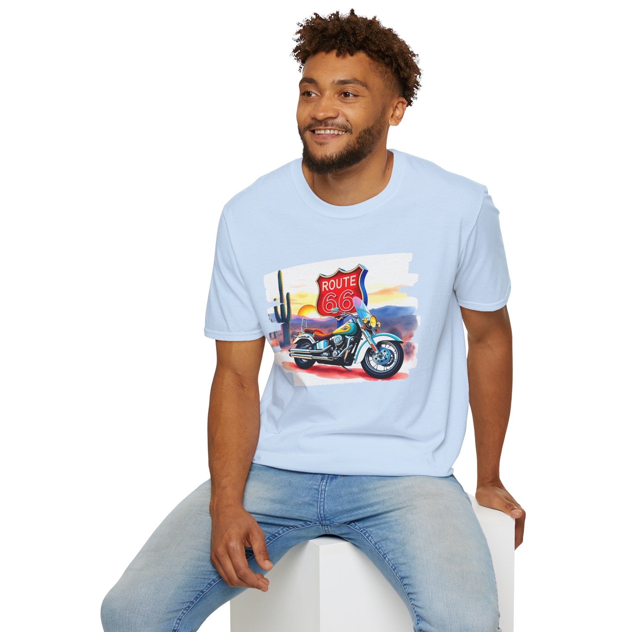 Route 66 Motorcycle T-Shirt | Desert Sunset Biker Graphic