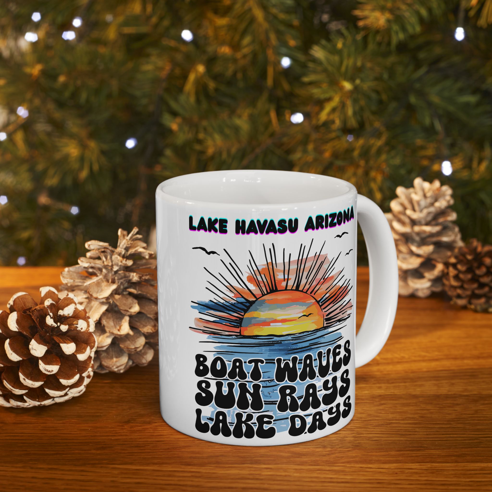 Lake Havasu Arizona Sunset Boat Waves Sun Rays Lake Days Mug | Retro Beach Sunrise Ceramic Mug
