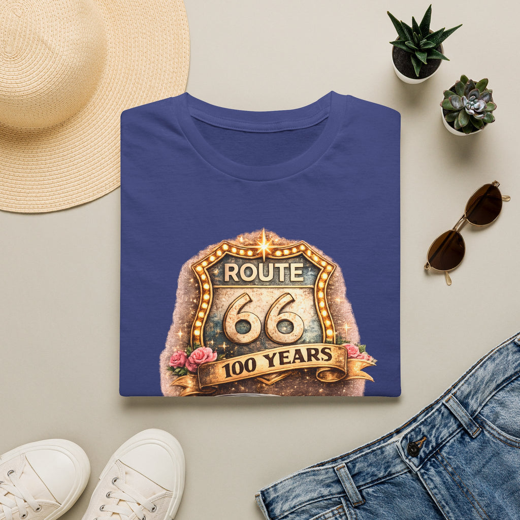 Route 66 100 Years Pink Classic Car T-Shirt | Vintage Road Trip Tee
