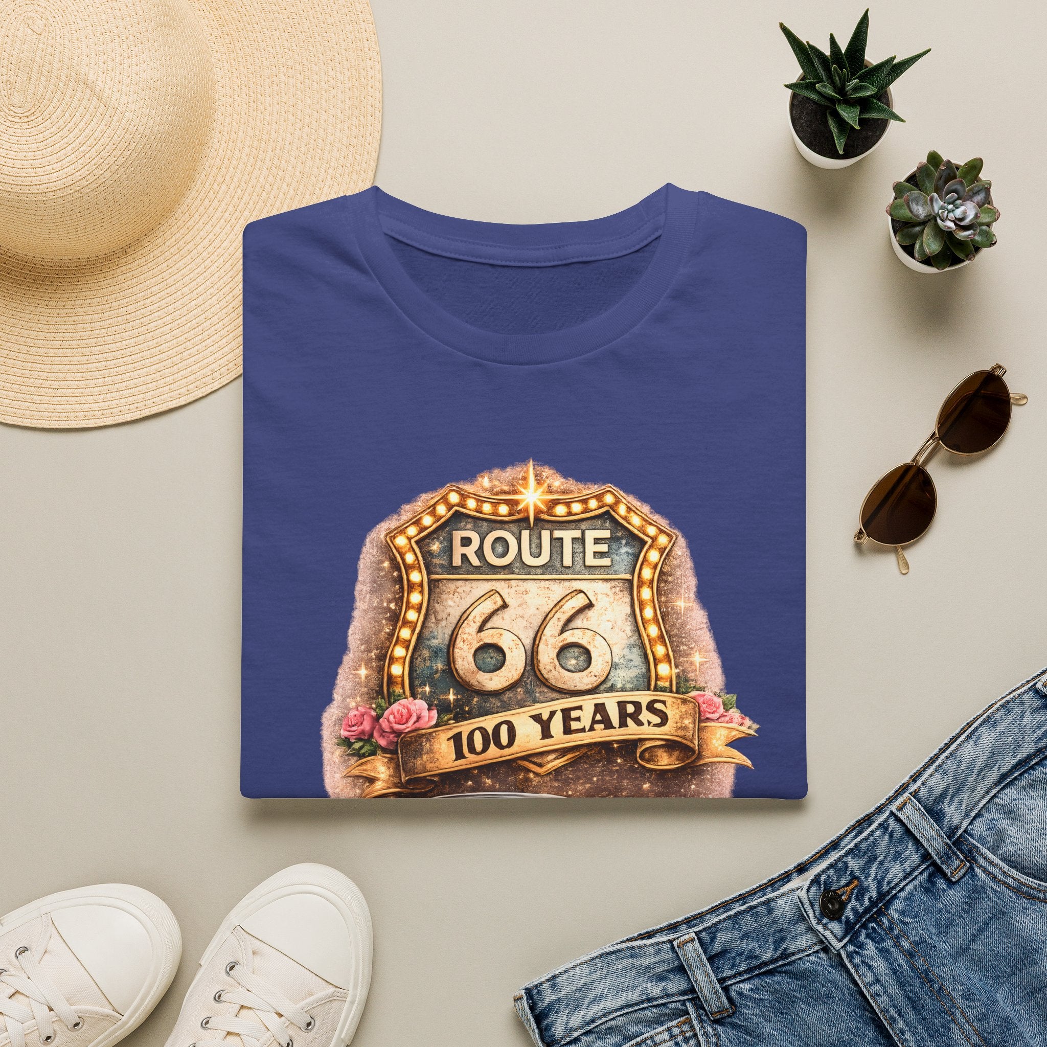 Route 66 100 Years Pink Classic Car T-Shirt | Vintage Road Trip Tee