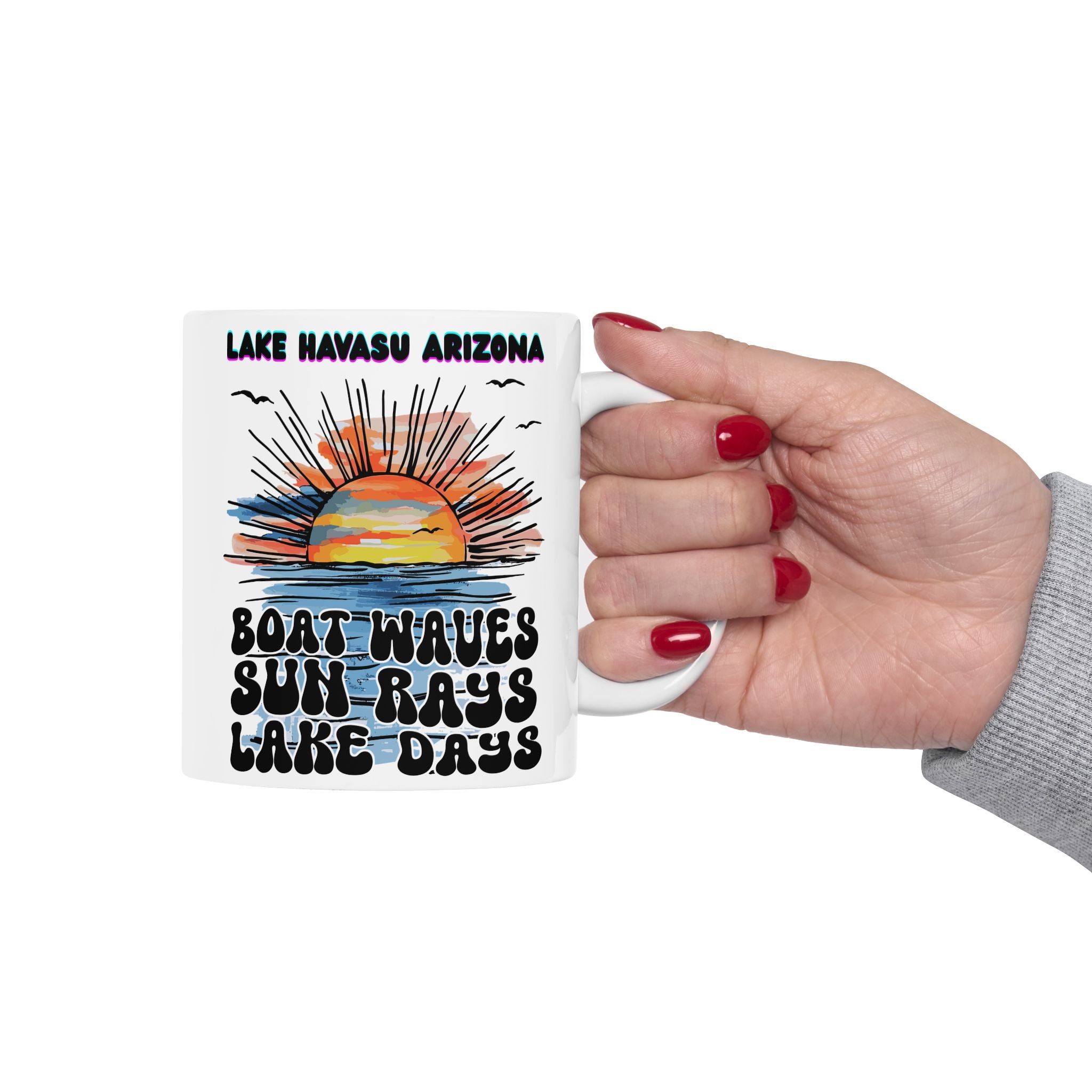Lake Havasu Arizona Sunset Boat Waves Sun Rays Lake Days Mug | Retro Beach Sunrise Ceramic Mug