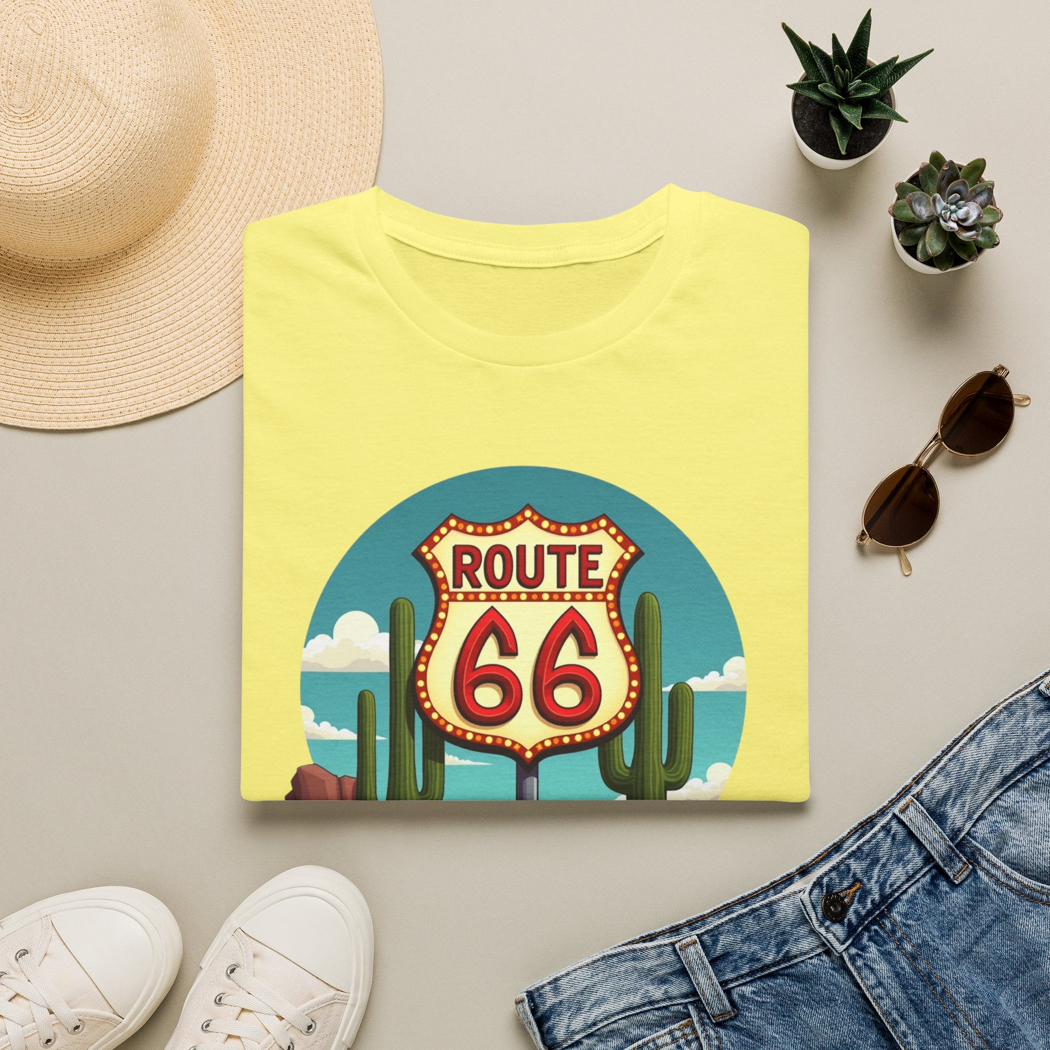 Route 66 Classic Car T-Shirt | Retro Desert Road Sign, Vintage Convertible
