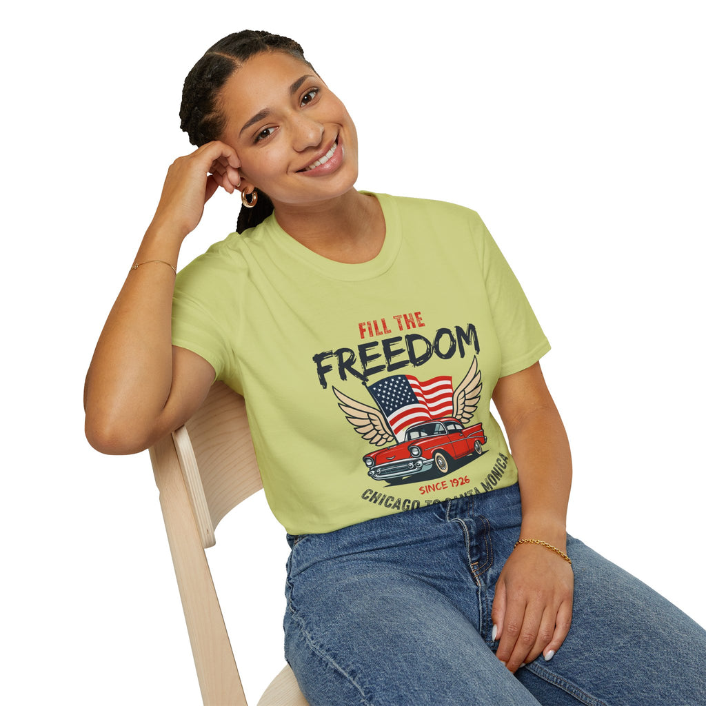 Fill the Freedom Vintage Car T-Shirt | American Flag Wings Chicago to Santa Monica Route 66