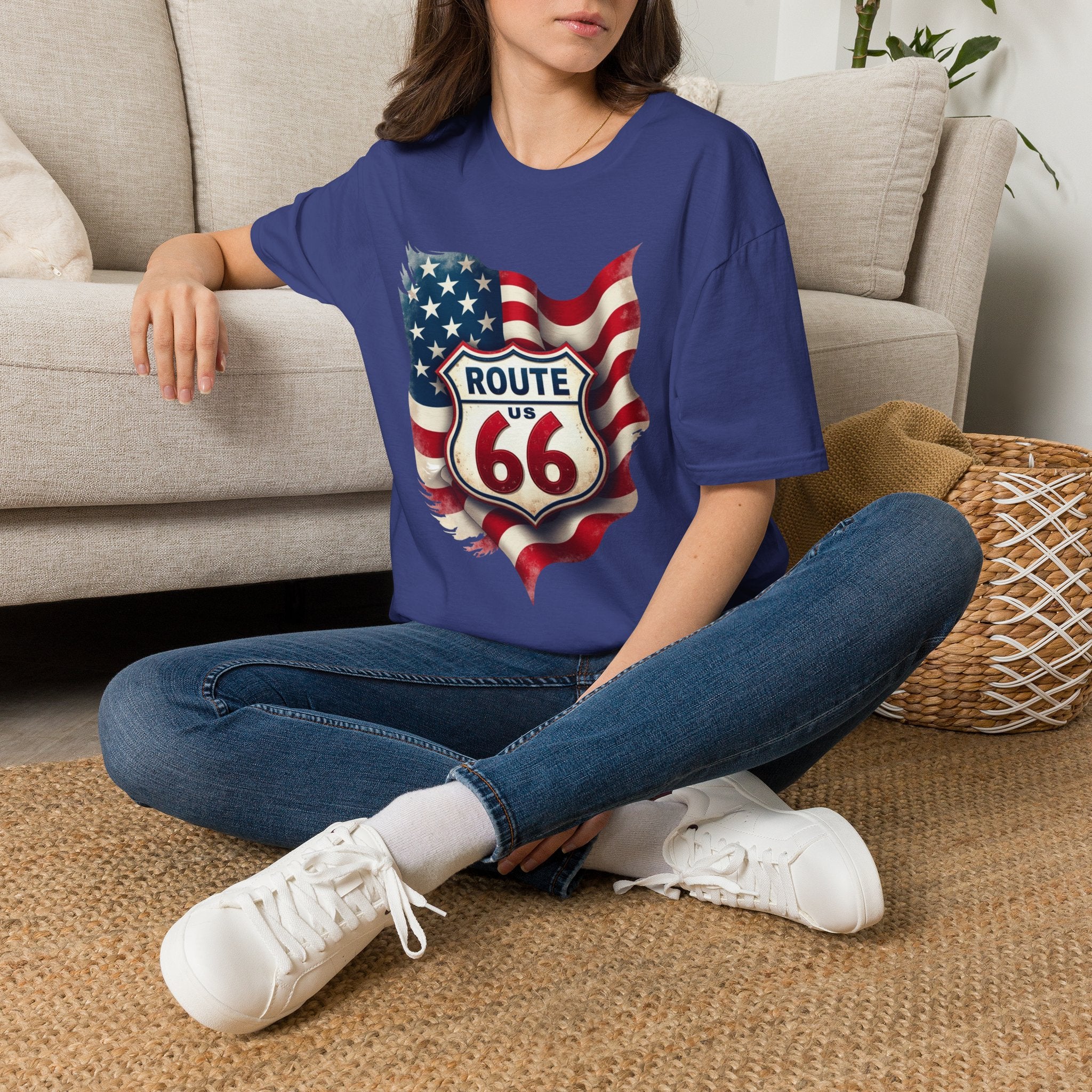 Route 66 Shield with American Flag T-Shirt | Vintage Road Trip Tee
