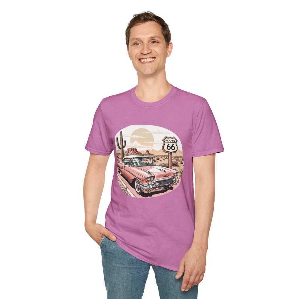 Retro Pink Classic Car Route 66 T-Shirt | Desert Cactus Vintage Roadtrip