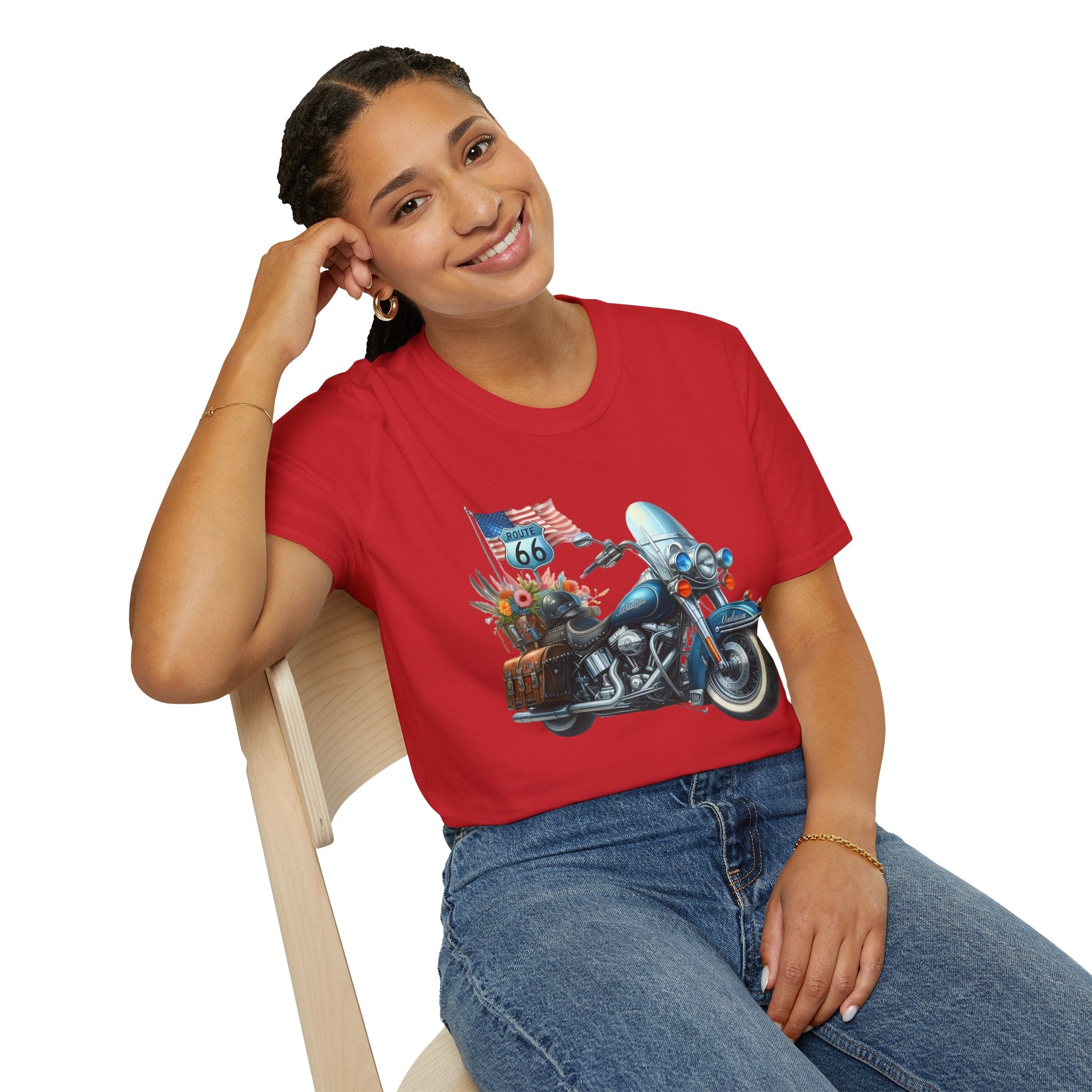 Route 66 Motorcycle Illustration T-Shirt | American Flag, Sunflowers