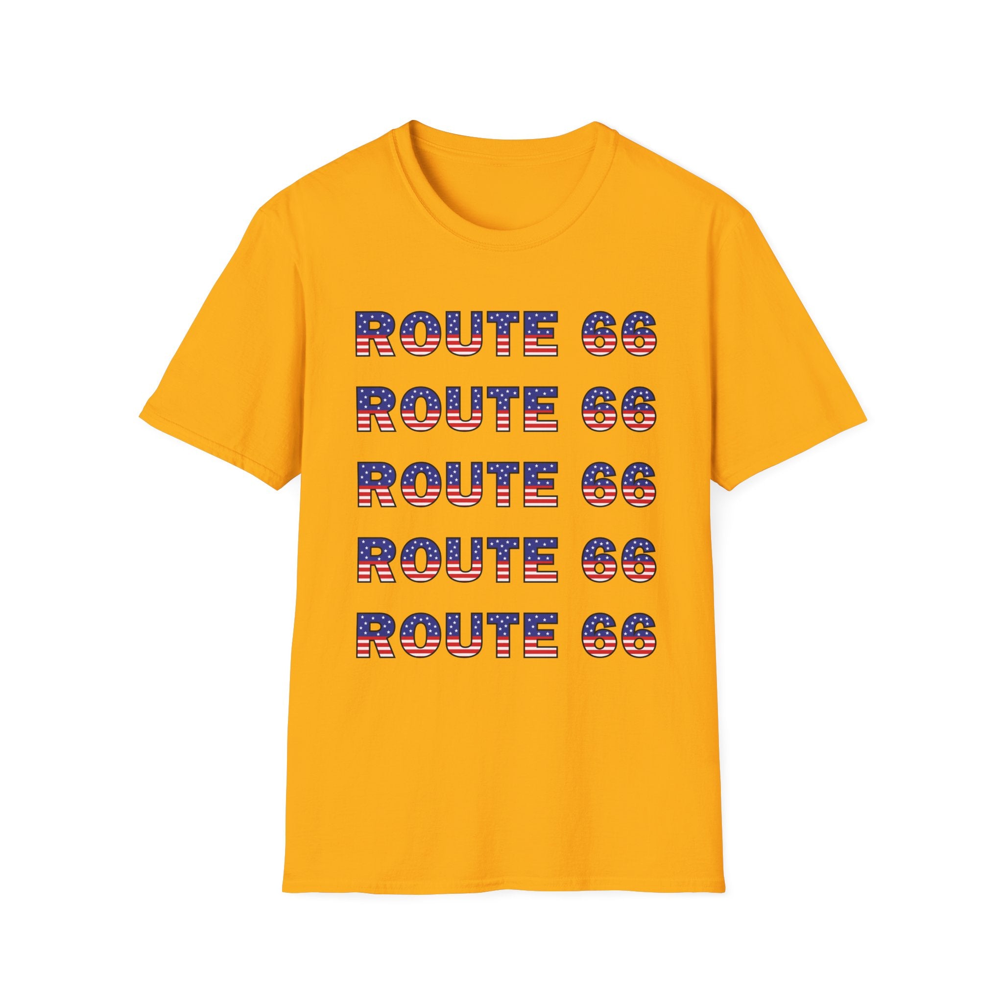 Route 66 Retro Text T-Shirt | American Flag Roadtrip Graphic