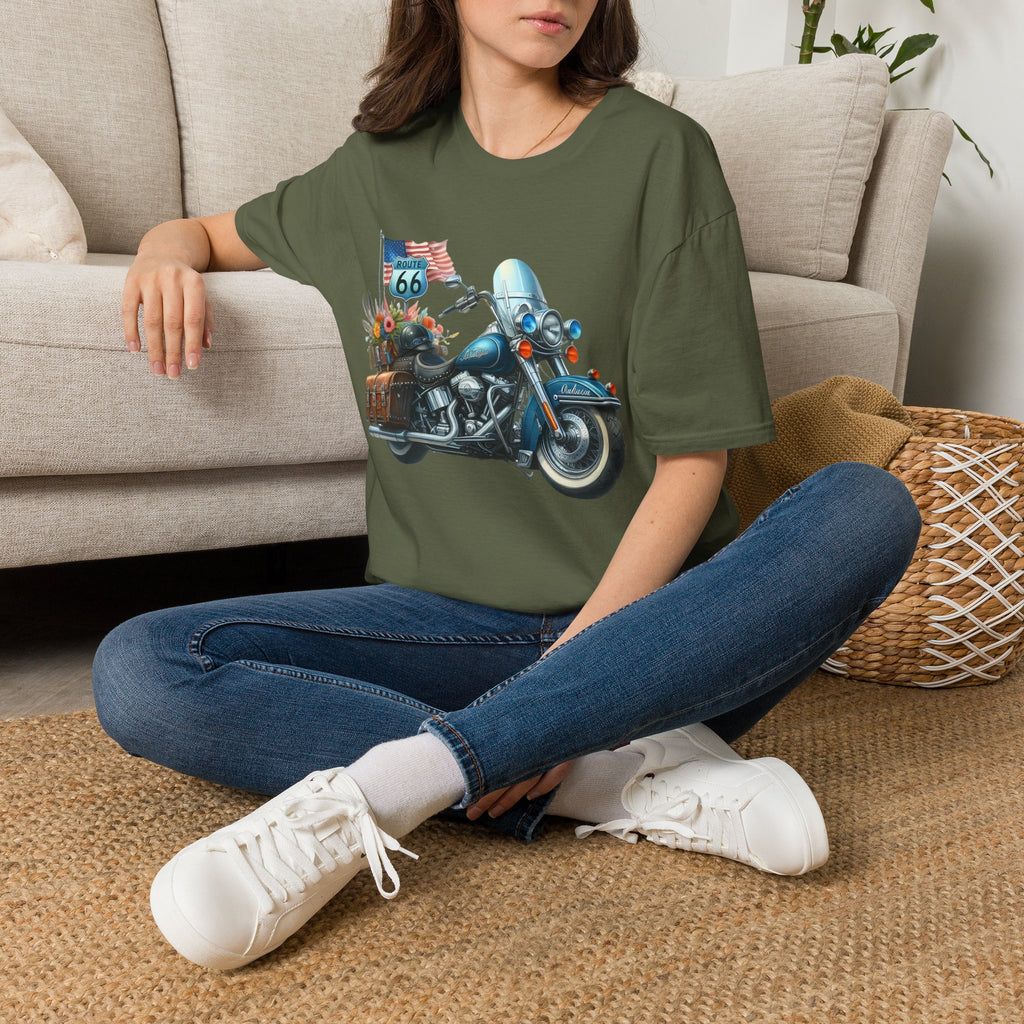 Route 66 Motorcycle Illustration T-Shirt | American Flag, Sunflowers