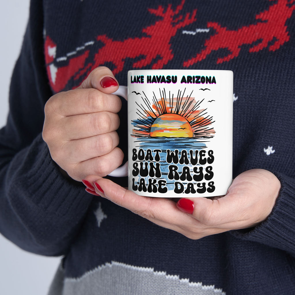 Lake Havasu Arizona Sunset Boat Waves Sun Rays Lake Days Mug | Retro Beach Sunrise Ceramic Mug