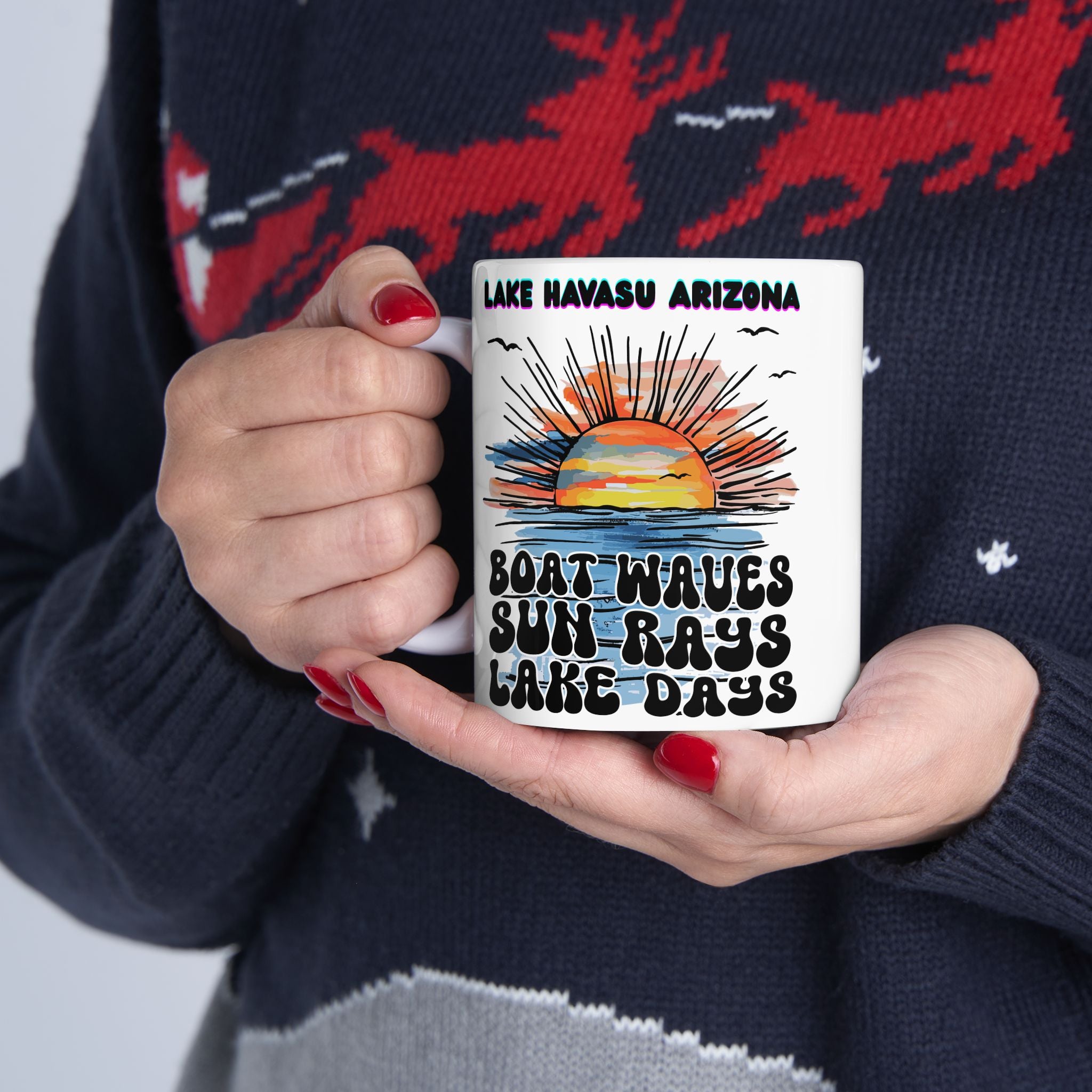 Lake Havasu Arizona Sunset Boat Waves Sun Rays Lake Days Mug | Retro Beach Sunrise Ceramic Mug