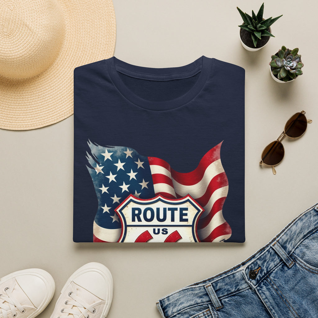 Route 66 Shield with American Flag T-Shirt | Vintage Road Trip Tee