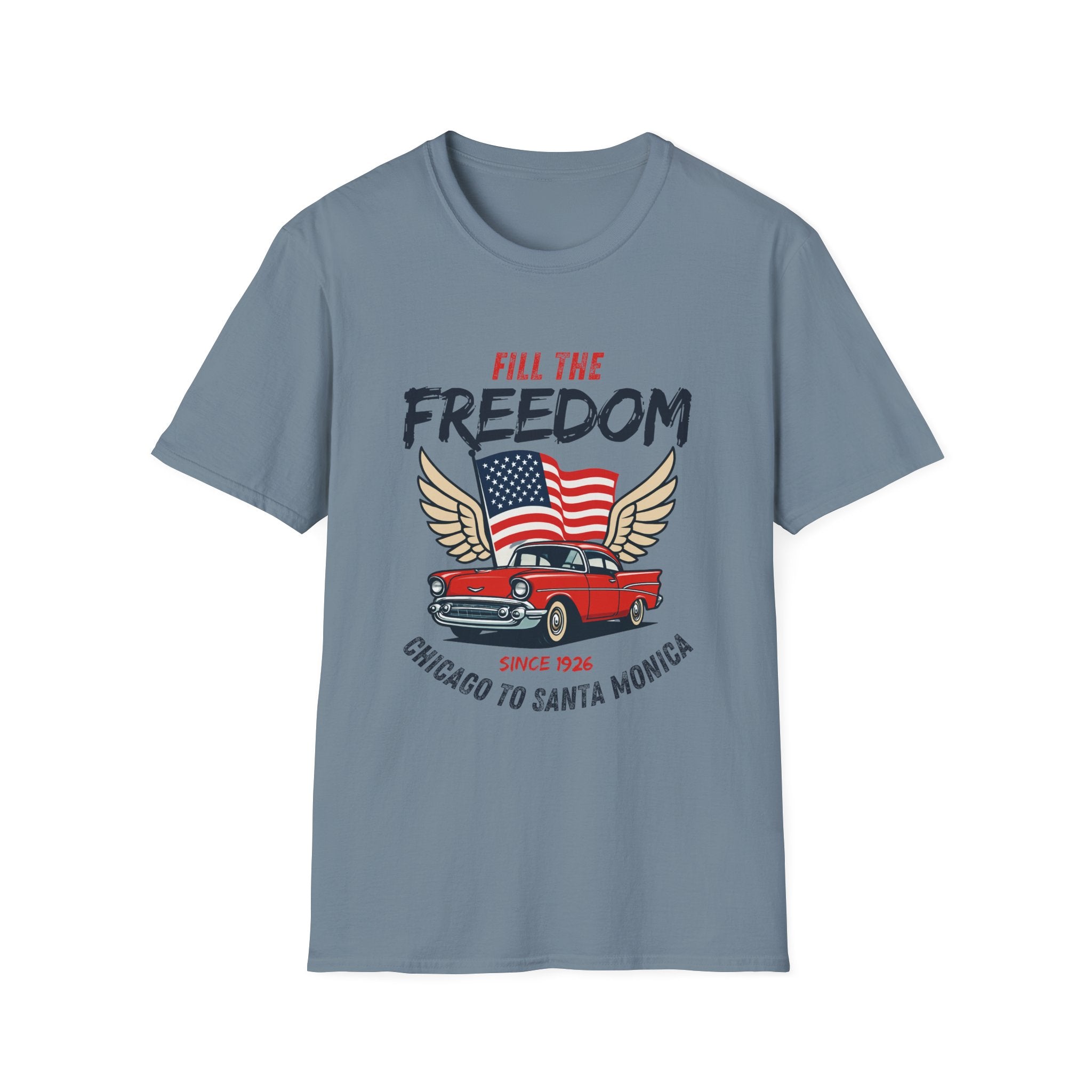 Fill the Freedom Vintage Car T-Shirt | American Flag Wings Chicago to Santa Monica