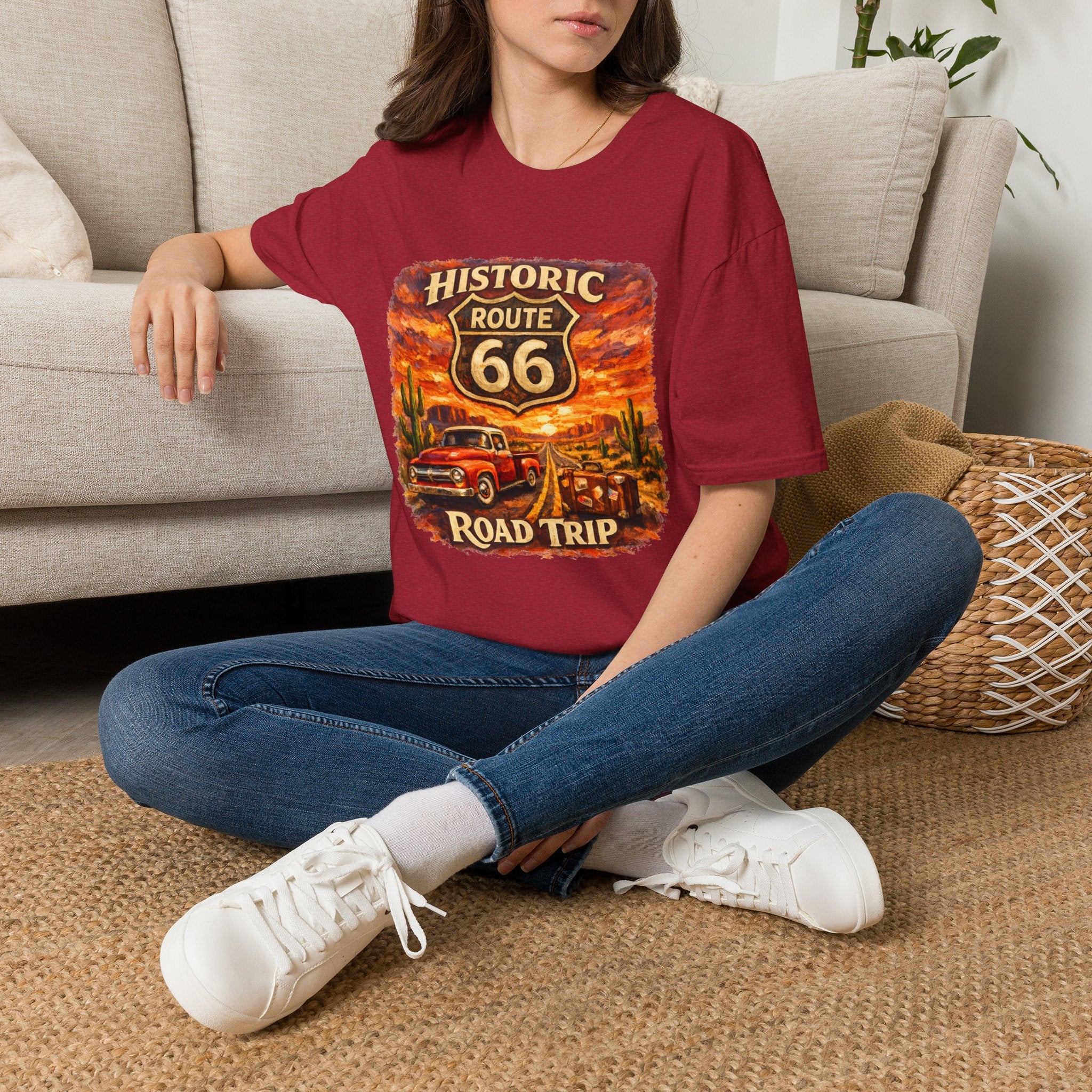 Historic Route 66 Road Trip T-Shirt | Vintage Car Desert Sunset