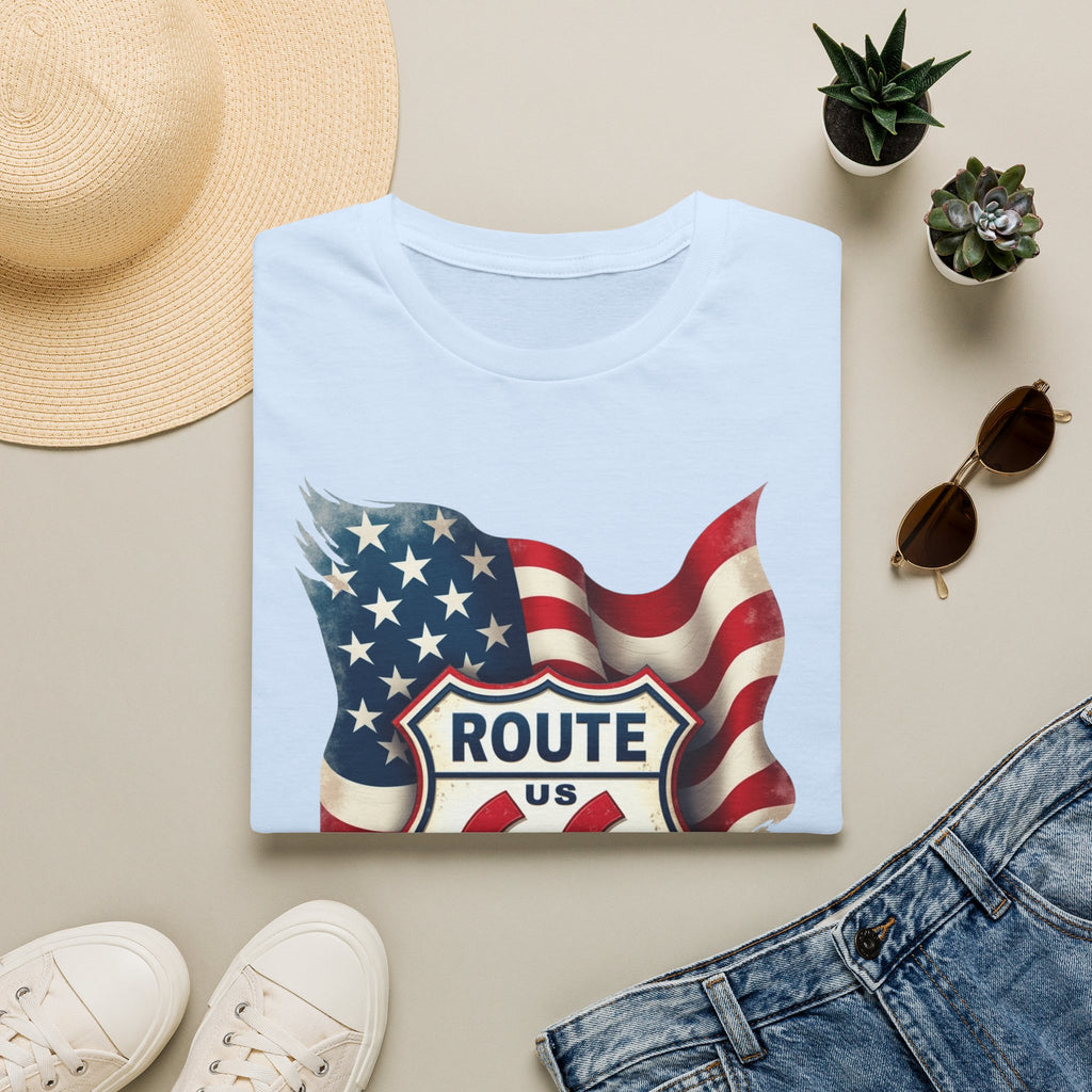Route 66 Shield with American Flag T-Shirt | Vintage Road Trip Tee