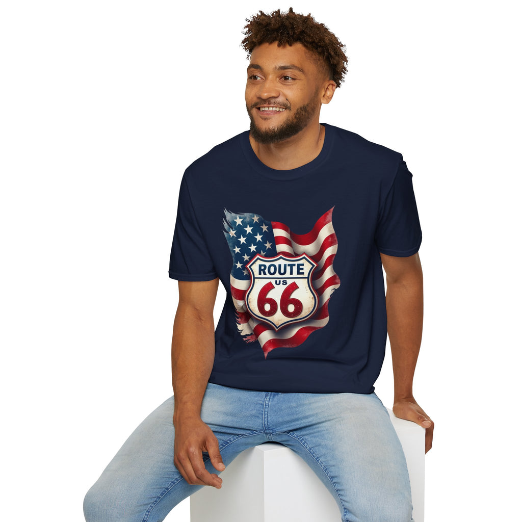 Route 66 Shield with American Flag T-Shirt | Vintage Road Trip Tee