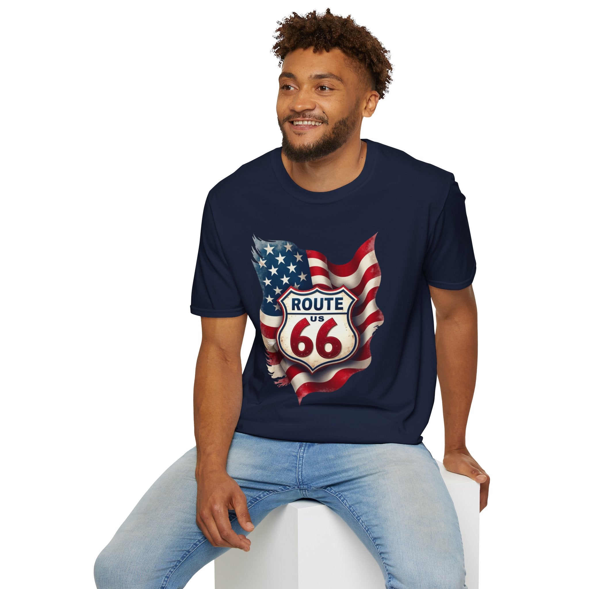 Route 66 Shield with American Flag T-Shirt | Vintage Road Trip Tee