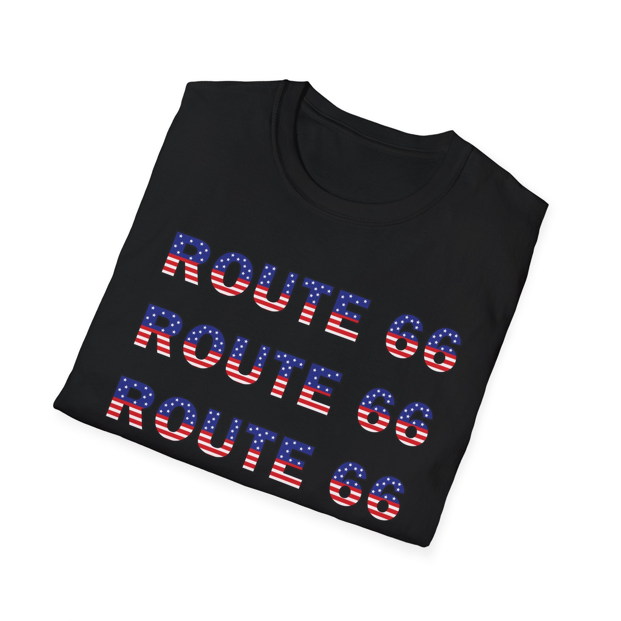 Route 66 Retro Text T-Shirt | American Flag Roadtrip Graphic