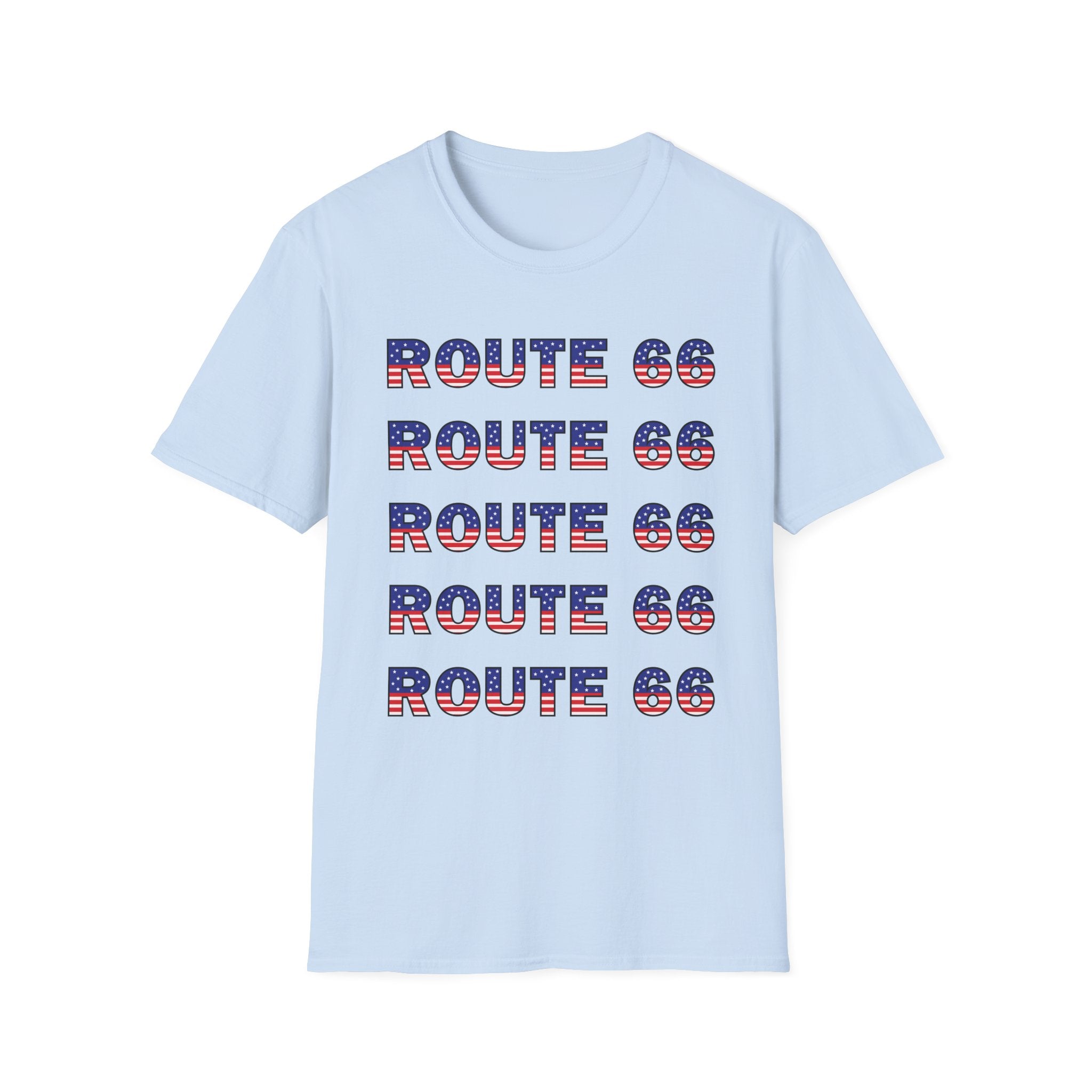Route 66 Retro Text T-Shirt | American Flag Roadtrip Graphic