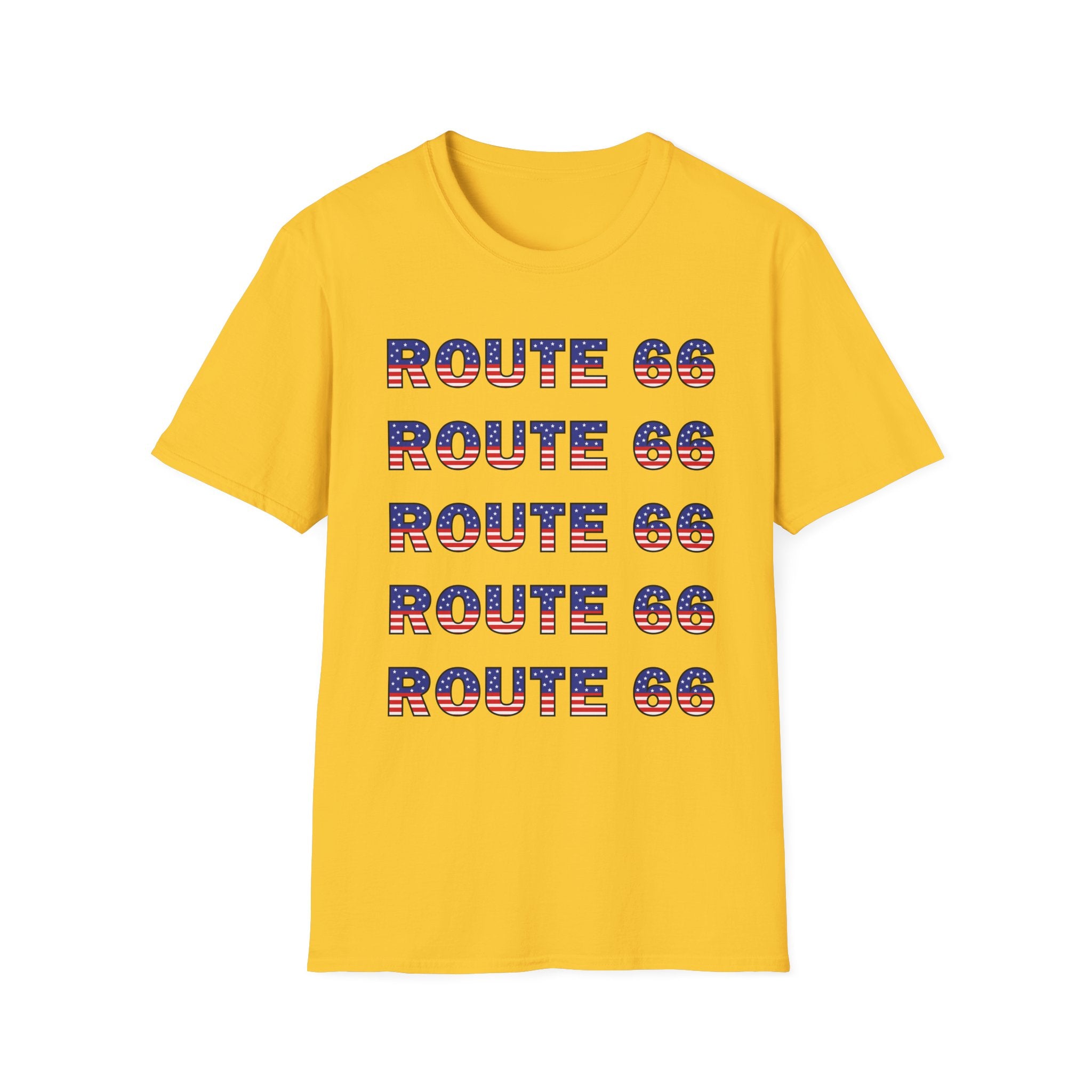Route 66 Retro Text T-Shirt | American Flag Roadtrip Graphic